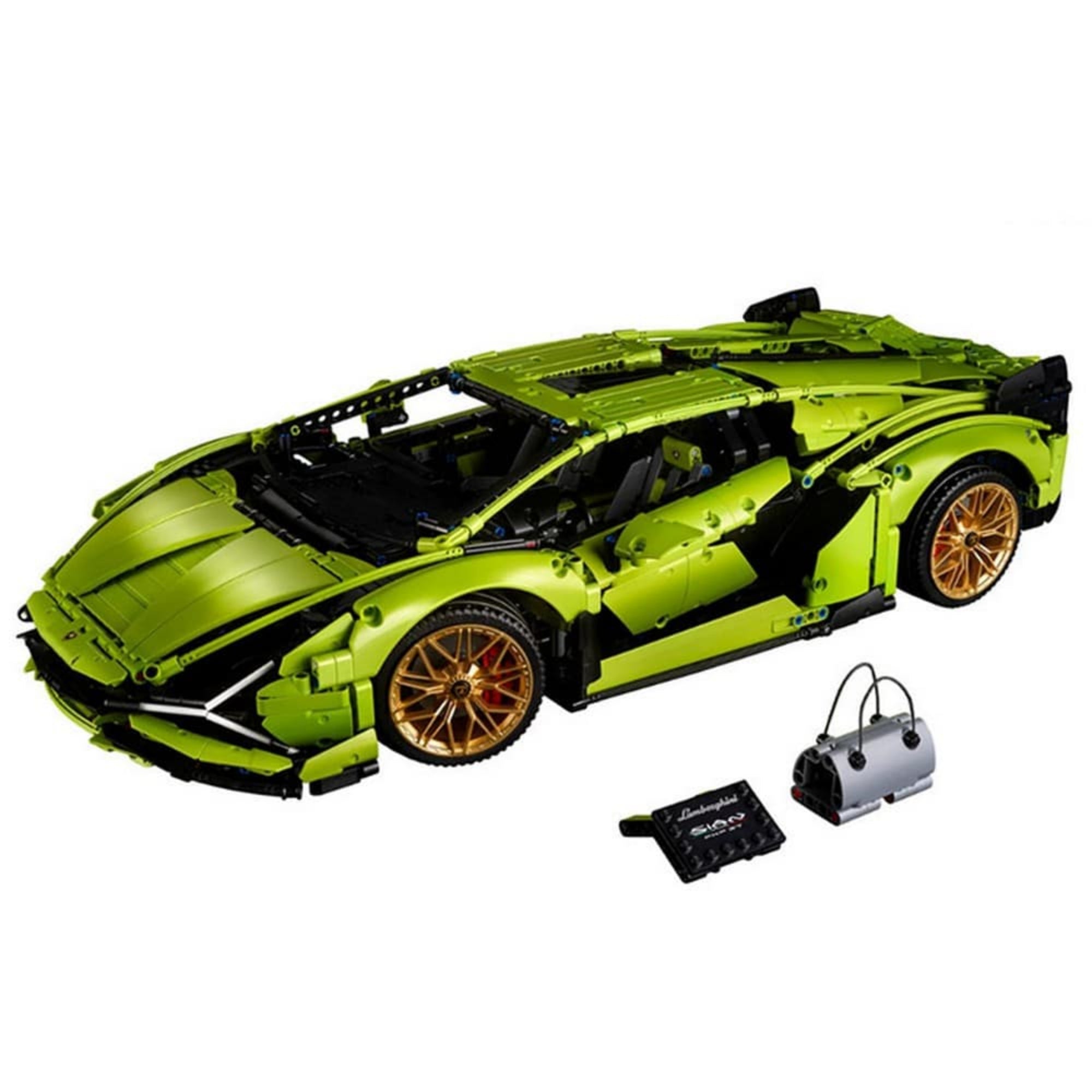 Az összerakott LEGO Technic Lamborghini Sian FKP 37 (42115) sportautó limezöld színben, arany kerekekkel, nyitható ajtókkal és bemutató kiegészítőkkel.