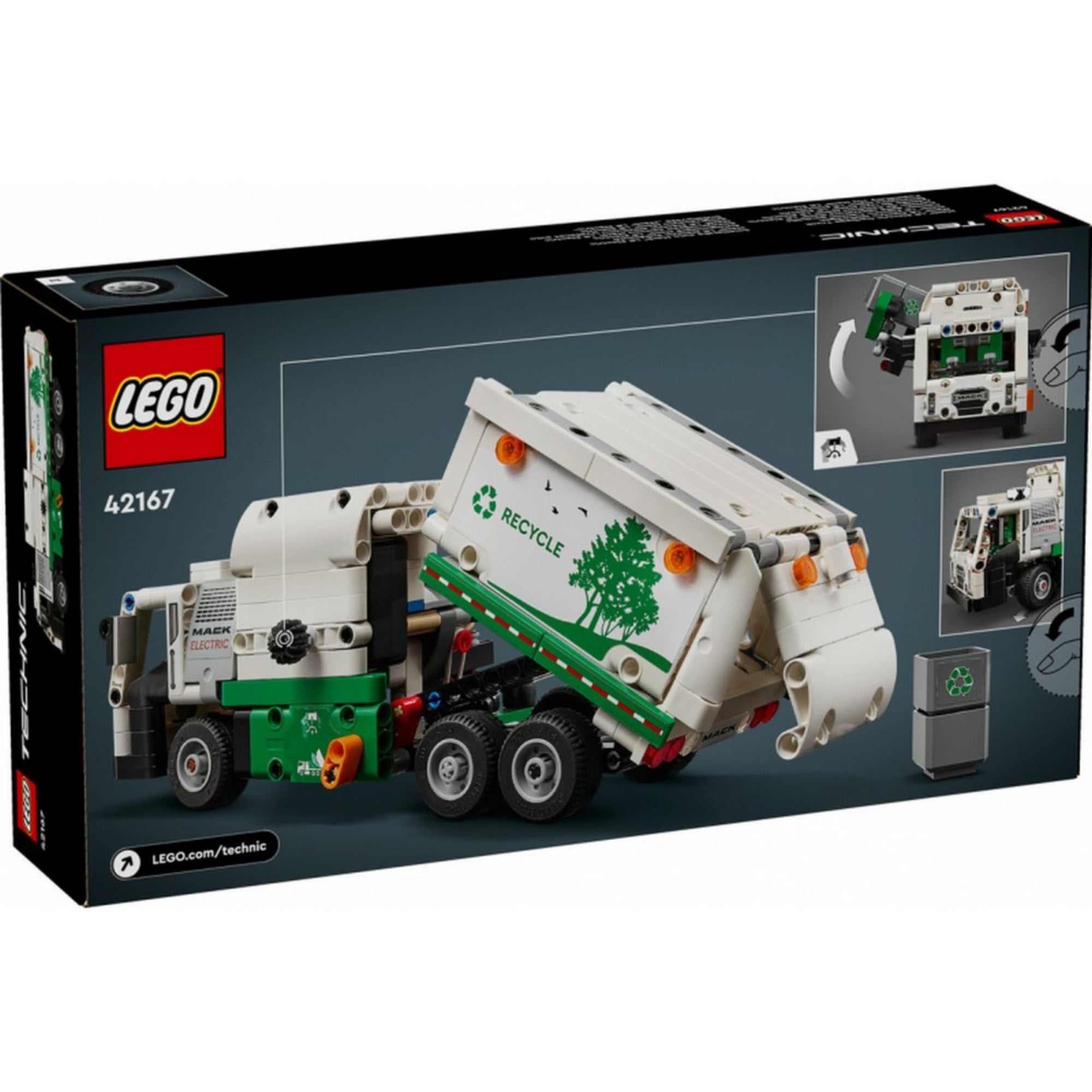 LEGO Technic Mack LR Electric kukásautó 42167 doboz hátoldala, amely bemutatja a mozgatható alkatrészeket, a billenthető konténert és az emelős mechanikát is külön kis képeken.