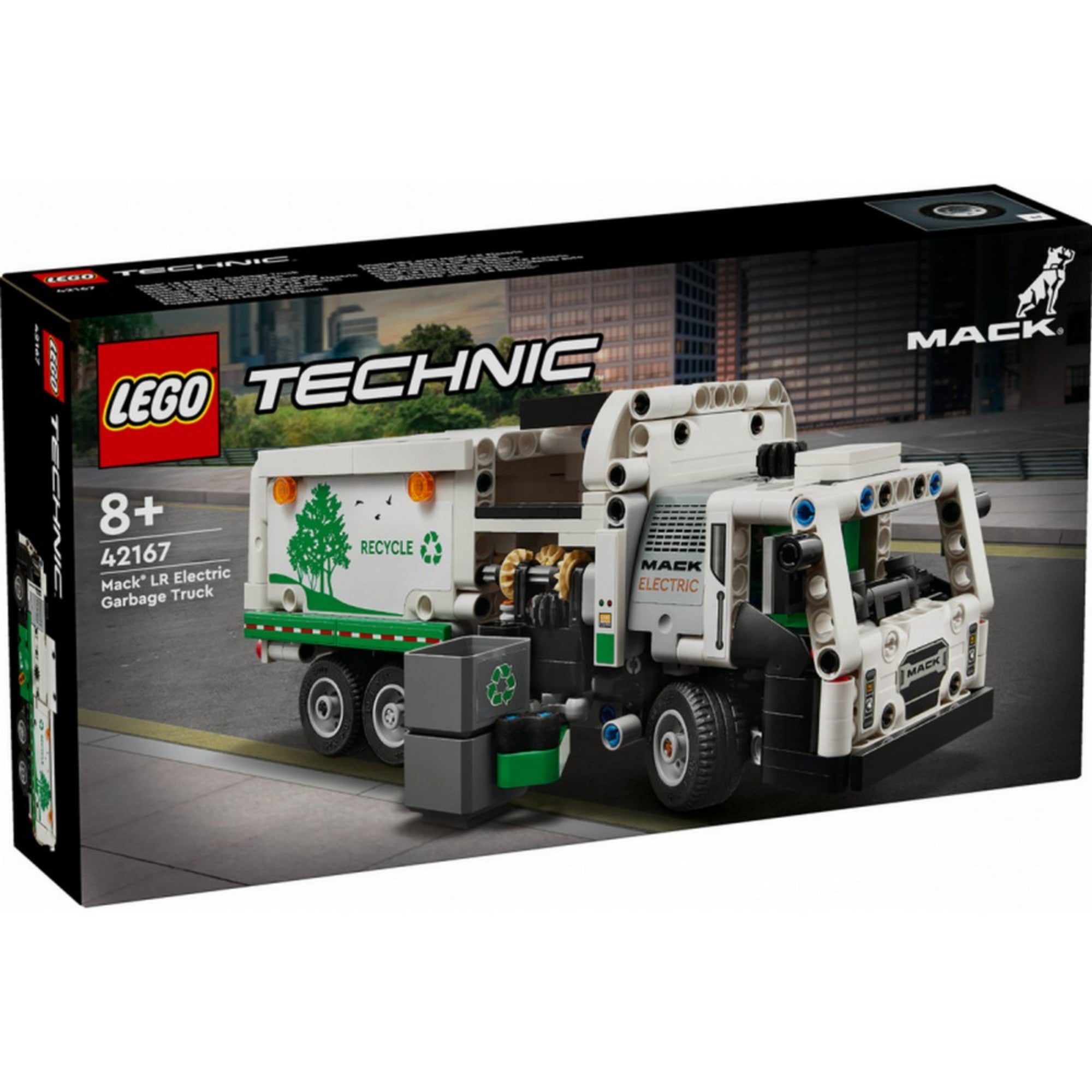LEGO Technic Mack LR Electric kukásautó 42167 doboza, városi háttérrel, a jármű rakodási jelenetével, valamint a 8+ korosztály és 503 darabos készletjelzés kiemelve.