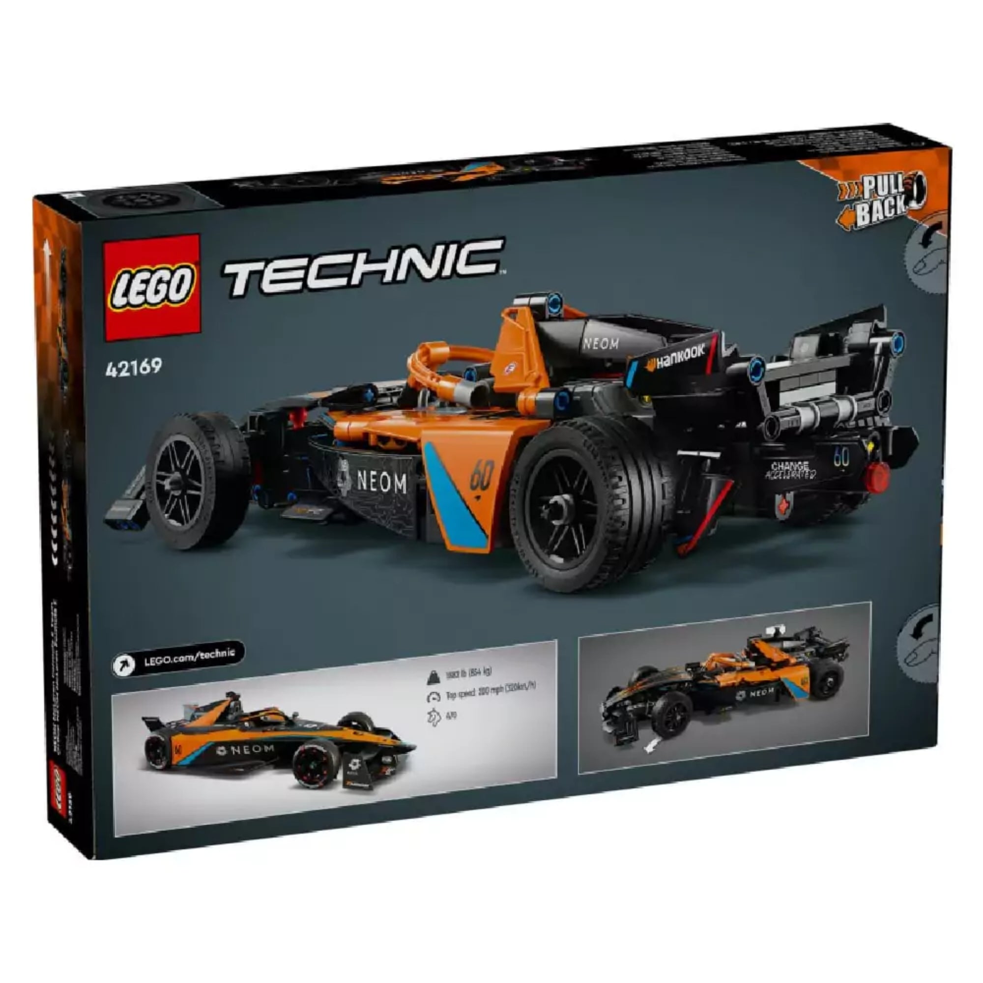 LEGO Technic NEOM McLaren Formula E Team 42169 doboz hátoldala – a modell hátulnézete és funkciói, például a Pull-Back mechanika és autóspecifikációk.