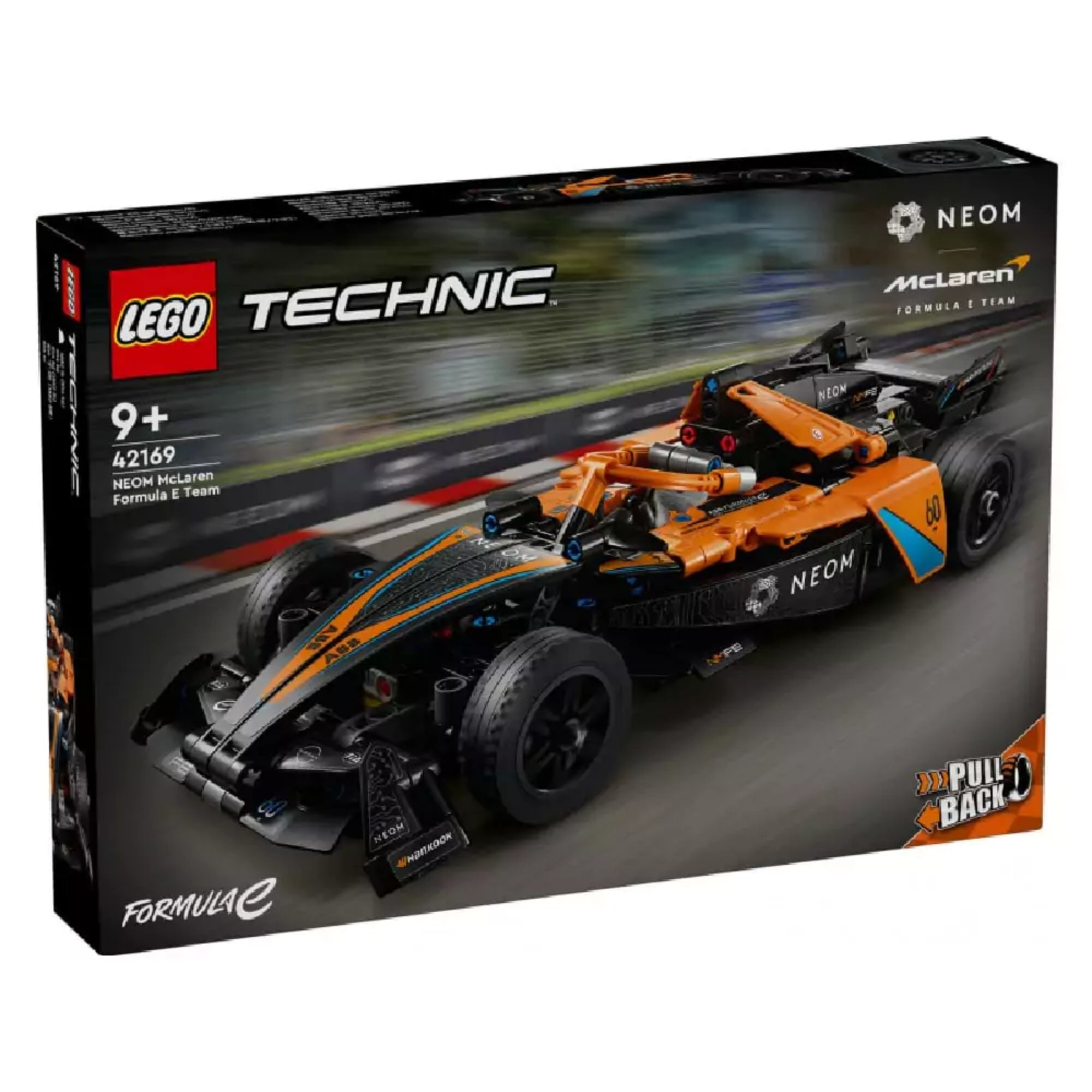 LEGO Technic NEOM McLaren Formula E Team 42169 doboza – elölnézet, a hivatalos LEGO Technic és McLaren logókkal, a pályán száguldó autó illusztrációjával.