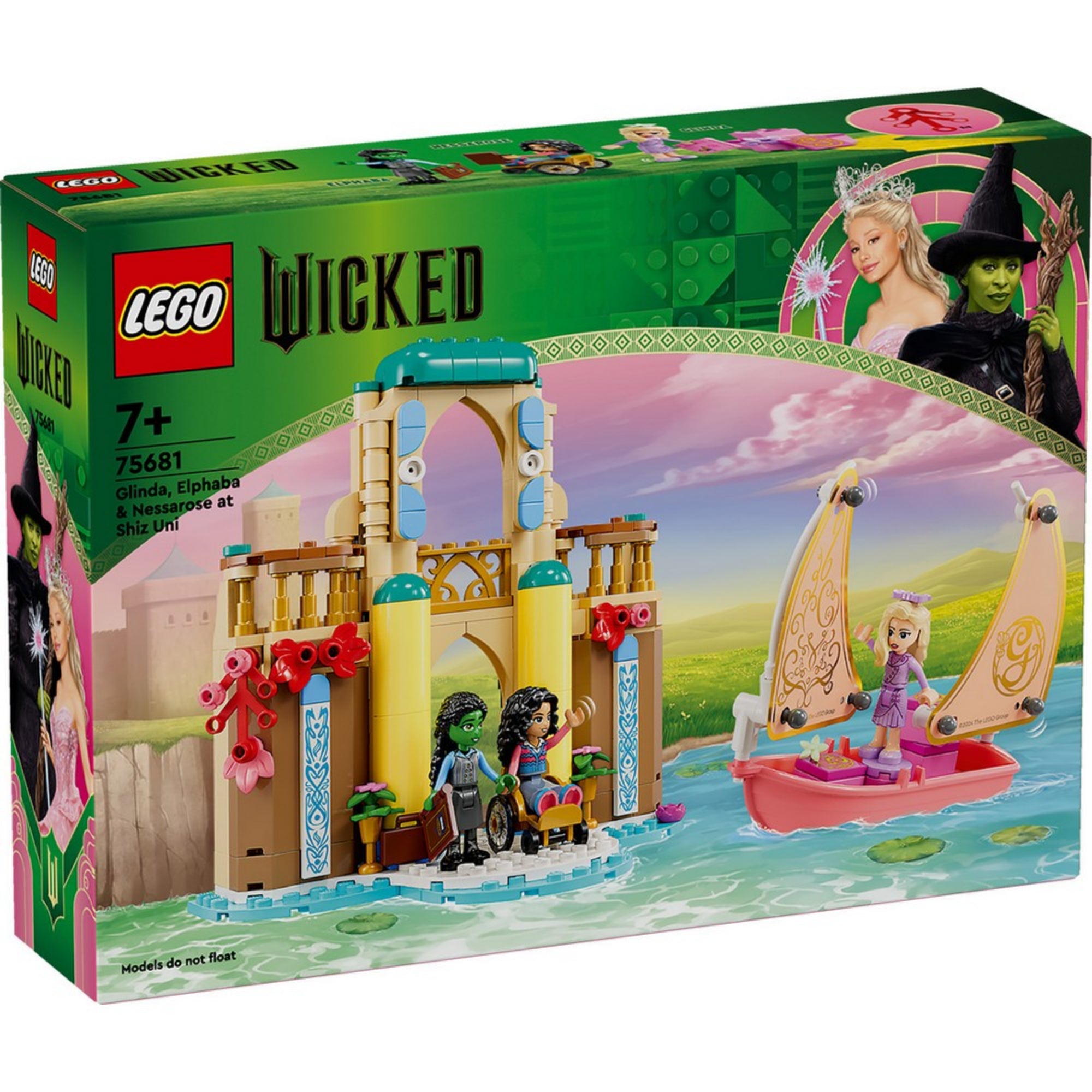 A LEGO Wicked 75681 készlet dobozának színes előlapja, rajta Glinda a vízen evező csónakban, míg Elphaba és Nessarose a Shiz Egyetem épületének bejáratánál látható.
