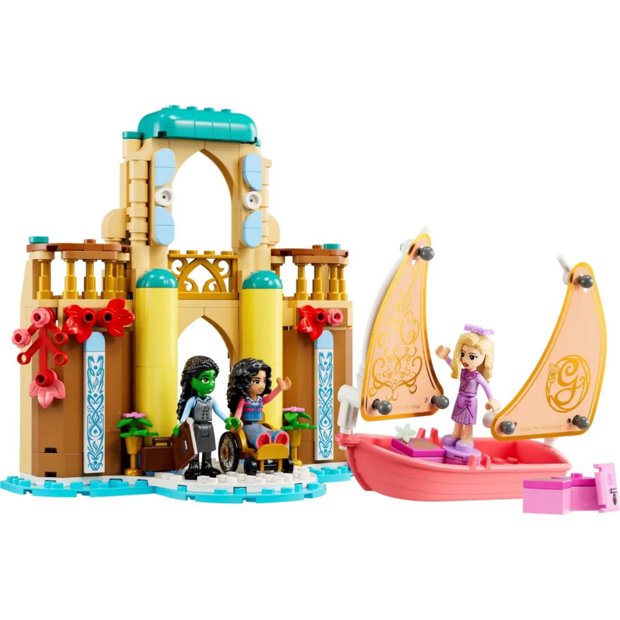 Három minifigura – köztük Glinda a rózsaszín vitorlásban, valamint Elphaba és Nessarose a kastély bejárata előtt – a LEGO Wicked: Glinda, Elphaba és Nessarose a Shiz Egyetemen (75681) készlet részeként.