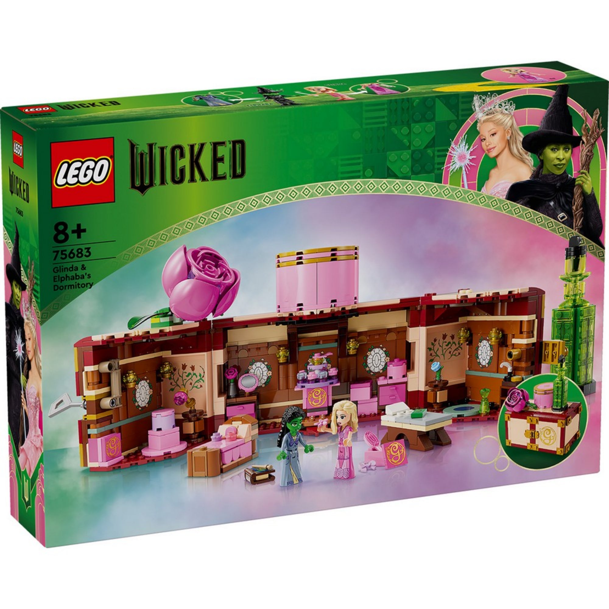 LEGO Wicked Glinda és Elphaba kollégiumi szobája (75683) doboza, amelyen a nyitott szoba és a két minifigura látható egy rózsaszín és zöld tónusú varázslatos háttérrel.