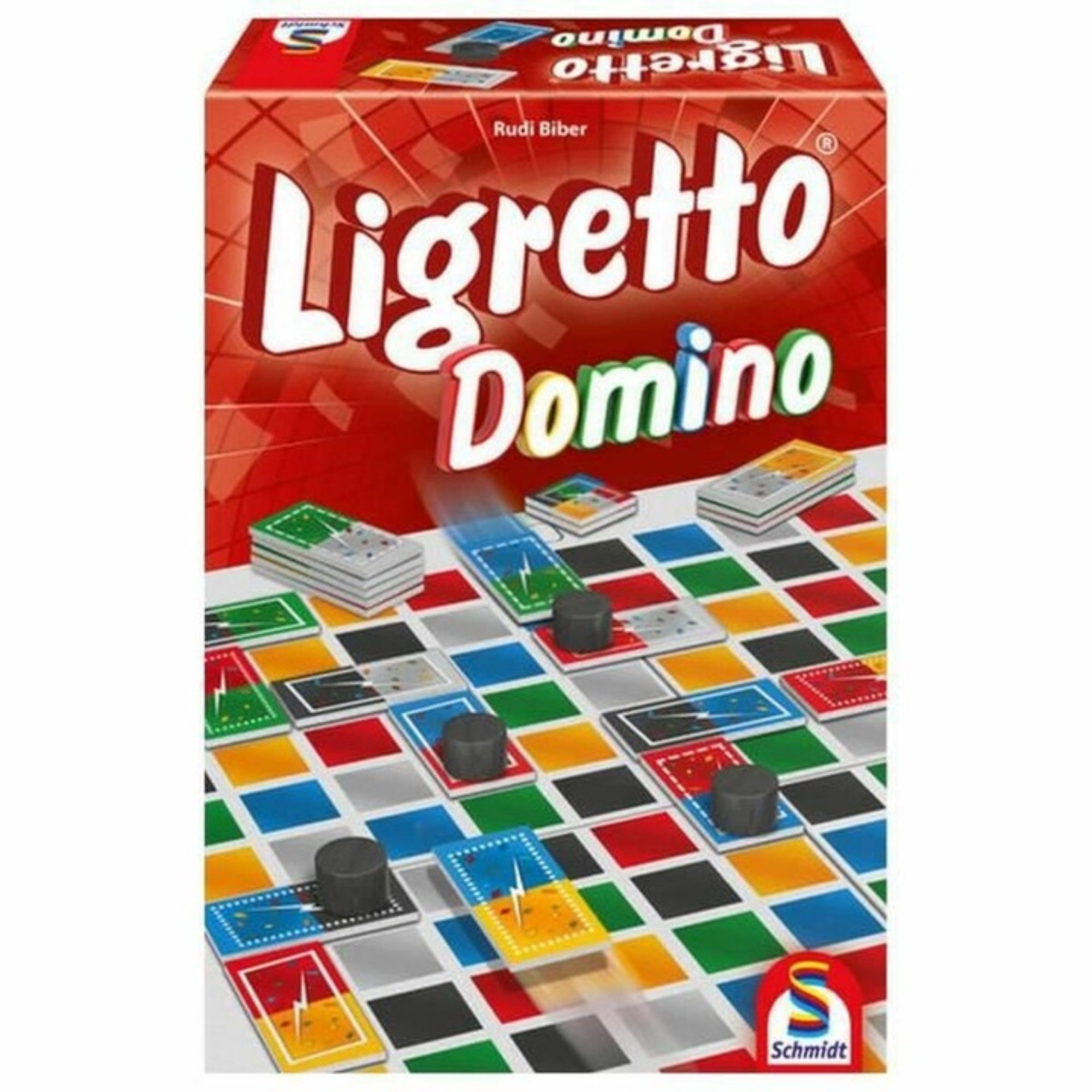 A Ligretto Domino társasjáték piros doboza, színes dominó jellegű lapkákkal és bábukkal egy színes táblán.