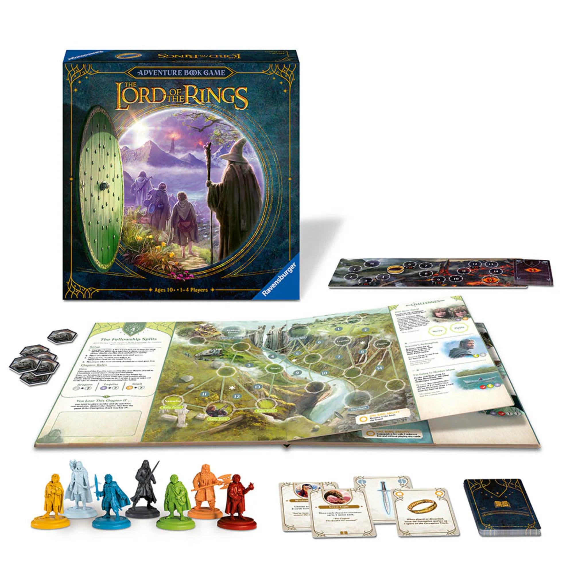 A képen a „The Lord of the Rings: Adventure Book Game” társasjáték tartalma látható kibontva. Előtérben hét színes figura sorakozik – a Gyűrű Szövetségének tagjai –, mellettük kártyák, korongok és a játék központi eleme: egy hatalmas, könyvformájú játéktábla, amely fejezetről fejezetre vezeti végig a játékosokat Középfölde ikonikus helyszínein. A doboz hátterében látható a társasjáték elegáns, illusztrált csomagolása is.