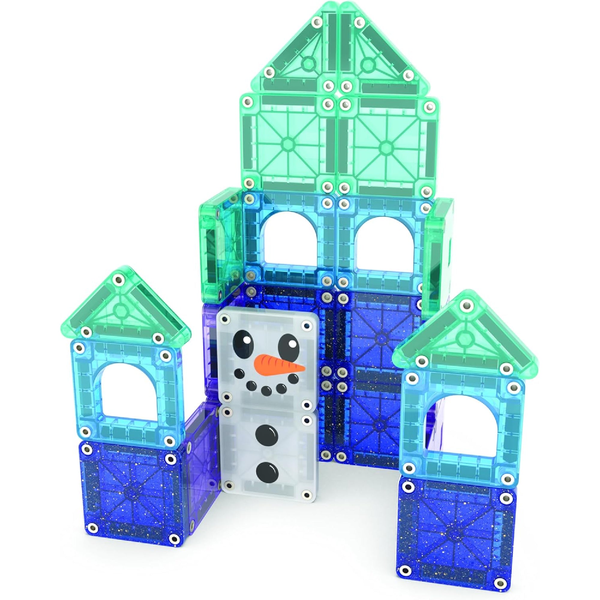 A Magna-Tiles Winter Wonder építmény közelről, színes, áttetsző mágneses lapokkal és egy vidám hóember arccal díszített elemmel.
