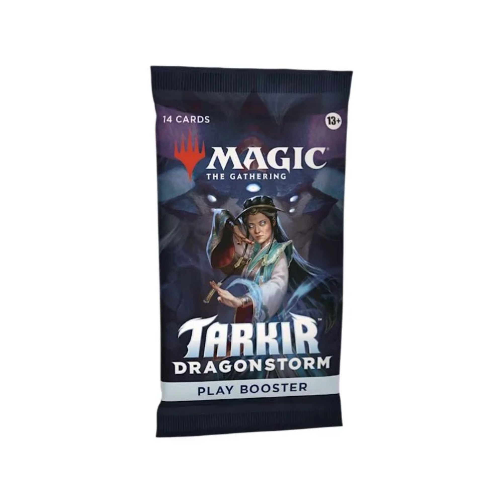 Magic: The Gathering Tarkir Dragonstorm játékkártya play booster csomagok és display doboz látványa kék-sárkányos háttérrel.