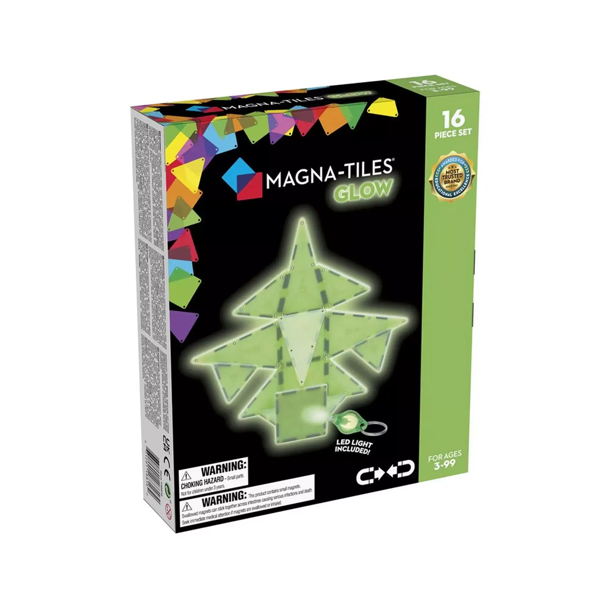 A Magna-Tiles Glow 16 darabos készlet doboza, amely világító mágneses építőelemeket tartalmaz. A csomagolás sötét háttéren kiemeli az egyedi foszforeszkáló elemeket.