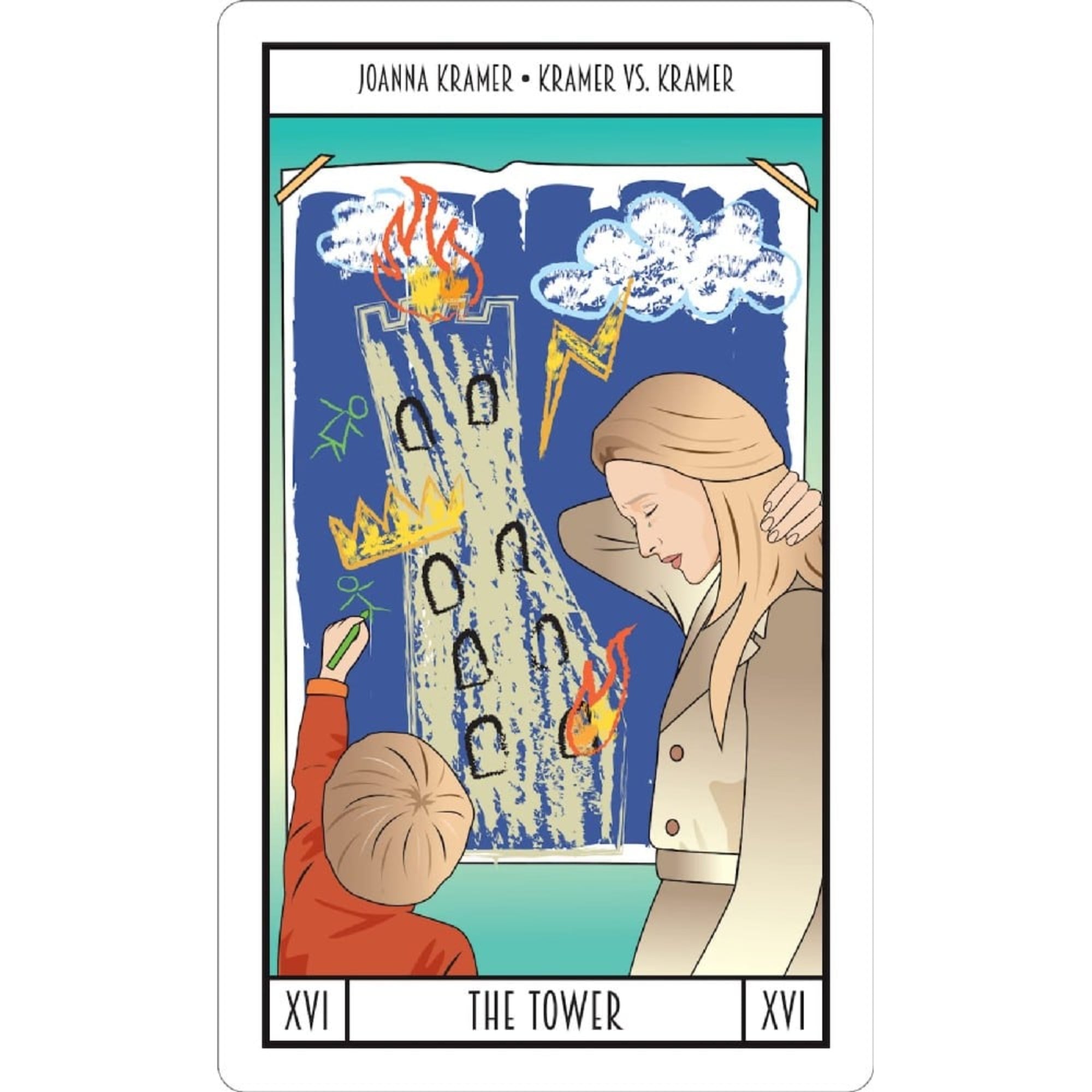 A képen a Meryl Tarot „The Tower” (A Torony) lapja látható, Joanna Kramer karakterével a Kramer kontra Kramer című filmből. A kártya illusztrációja egy megrázó, érzelmes jelenetet ábrázol: egy kisfiú egy égő, villám sújtotta torony rajzát mutatja, miközben édesanyja fájdalmasan lehajtja a fejét. A rajz szimbolikusan jeleníti meg a család széthullását, a válságot és a hirtelen változásokat.