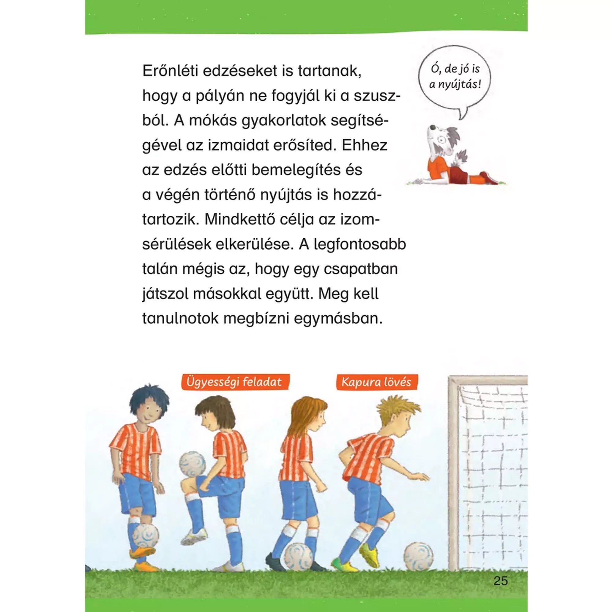 A Mit? Miért? Hogyan? Olvasókönyv: Foci könyvből egy oldal, amely az erőnléti edzés fontosságát és a csapatmunka szerepét mutatja be.