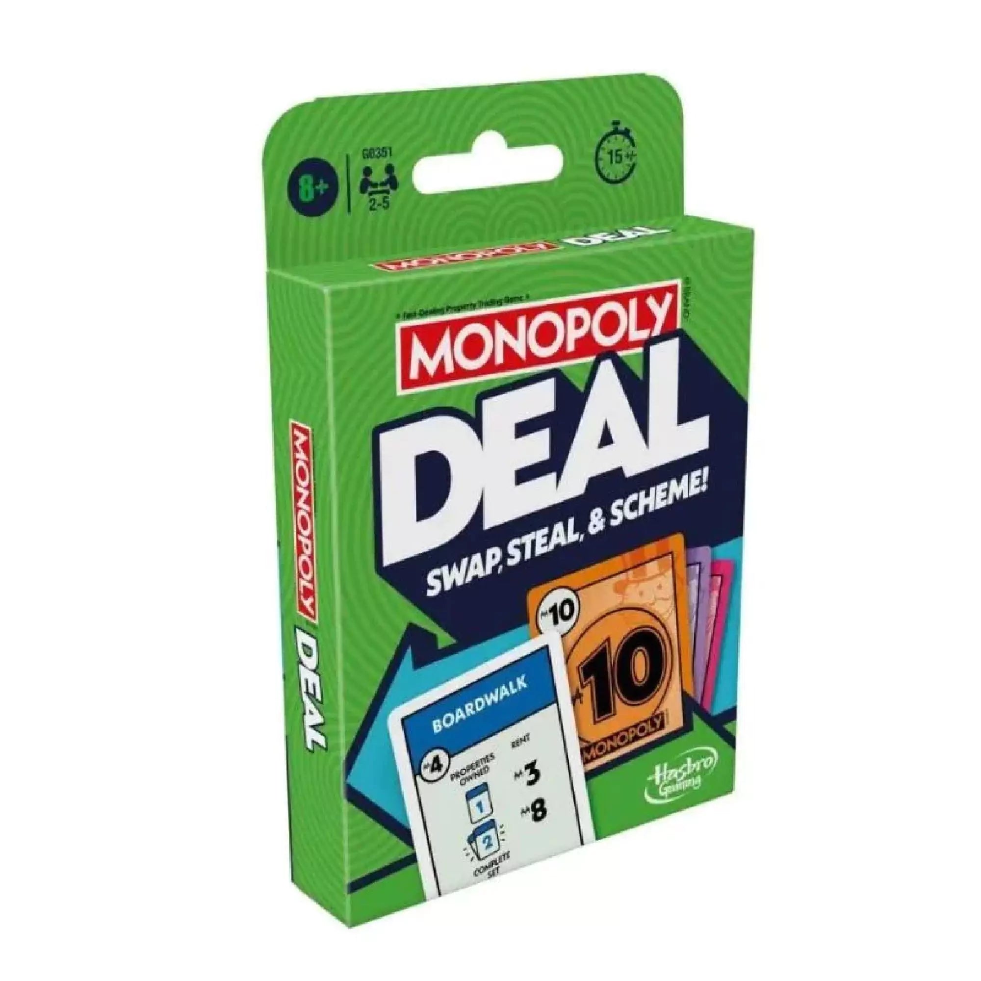 A Monopoly Deal kártyajáték zöld doboza, rajta a „Swap, Steal & Scheme!” felirat, különböző színű kártyák illusztrációjával.