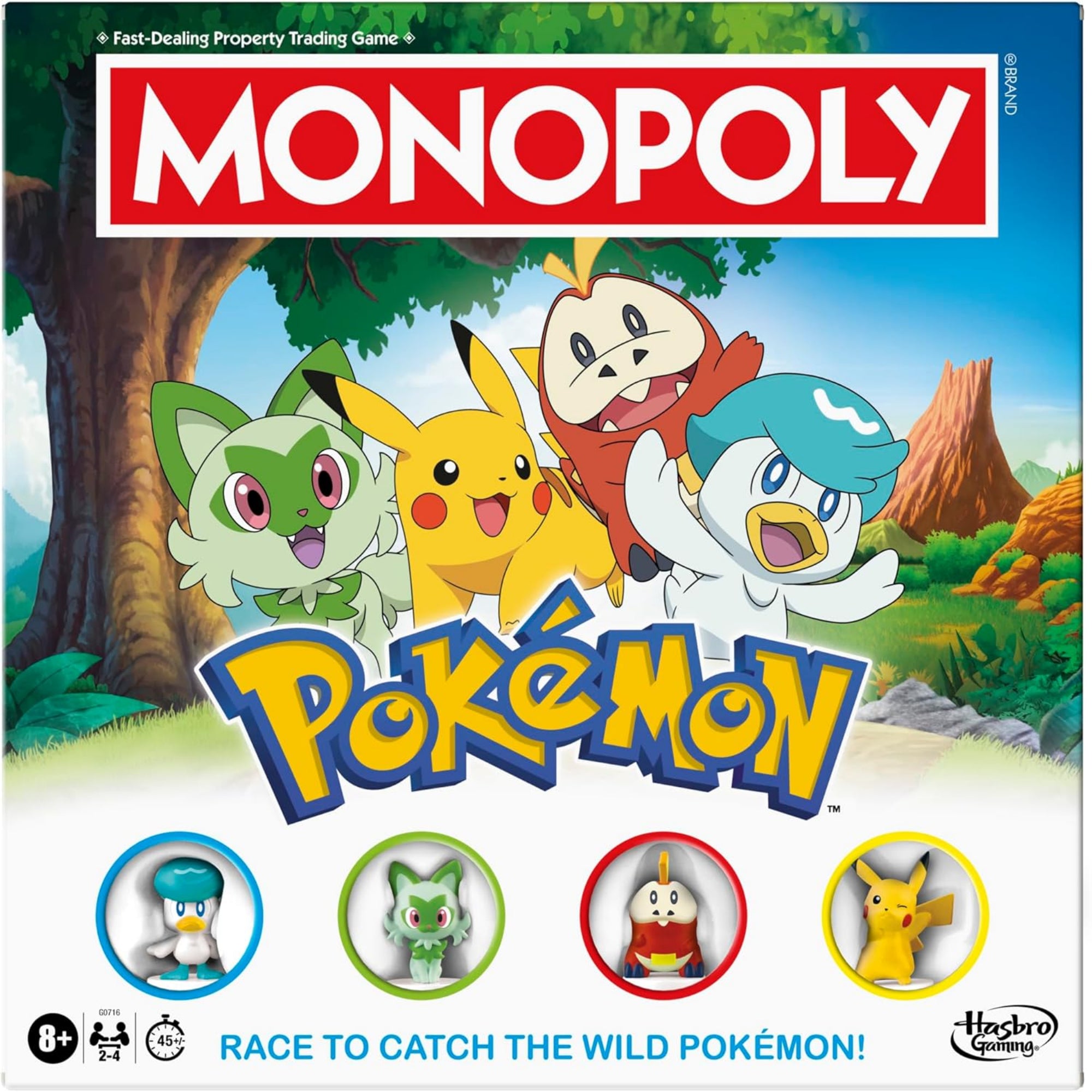 Monopoly Pokémon doboza, rajta a négy fő Pokémon karakter és a logók.