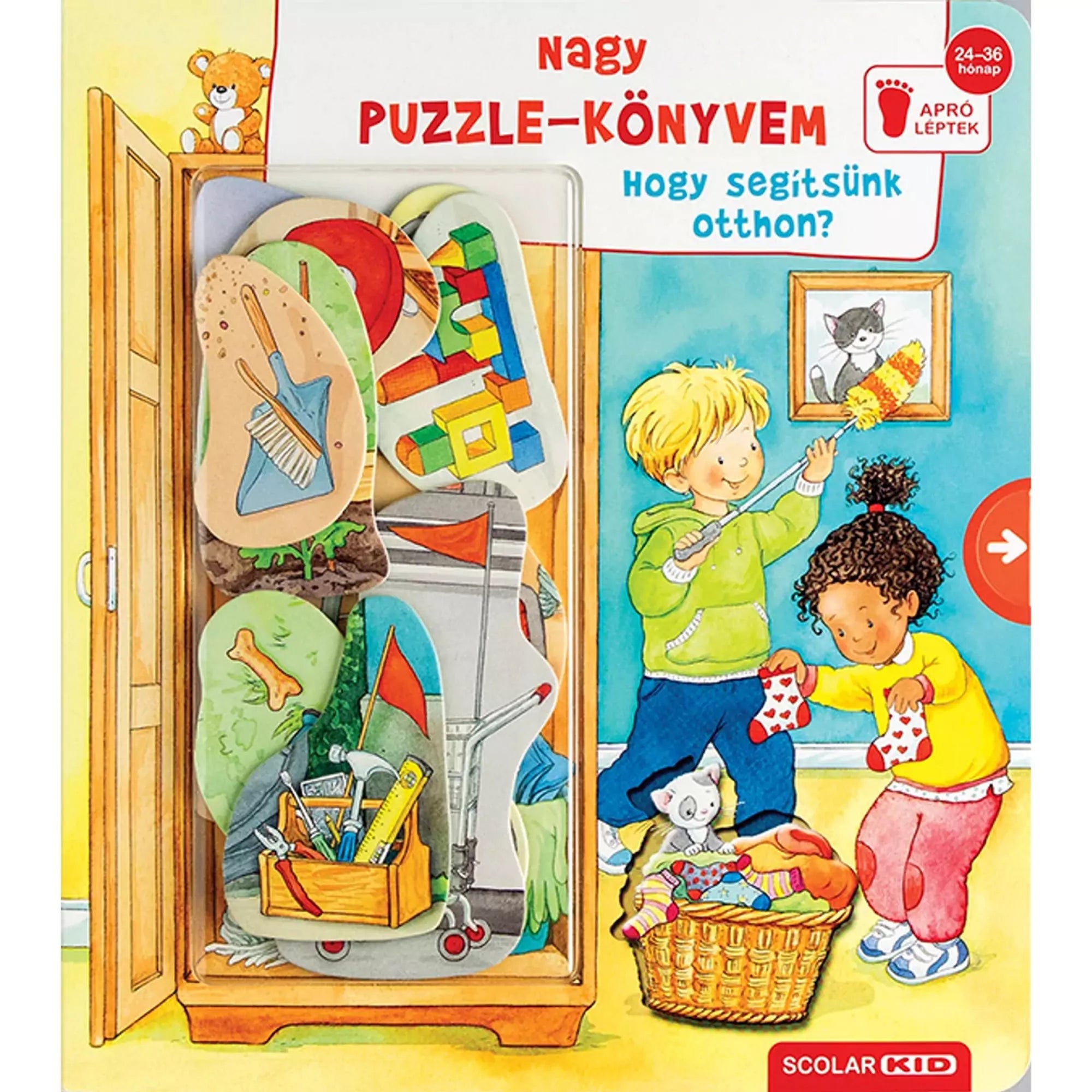 A „Nagy puzzle-könyvem – Hogy segítsünk otthon?” című könyv borítója, amelyen két kisgyerek házimunkát végez, miközben a szekrényből különféle puzzle-darabok láthatók.