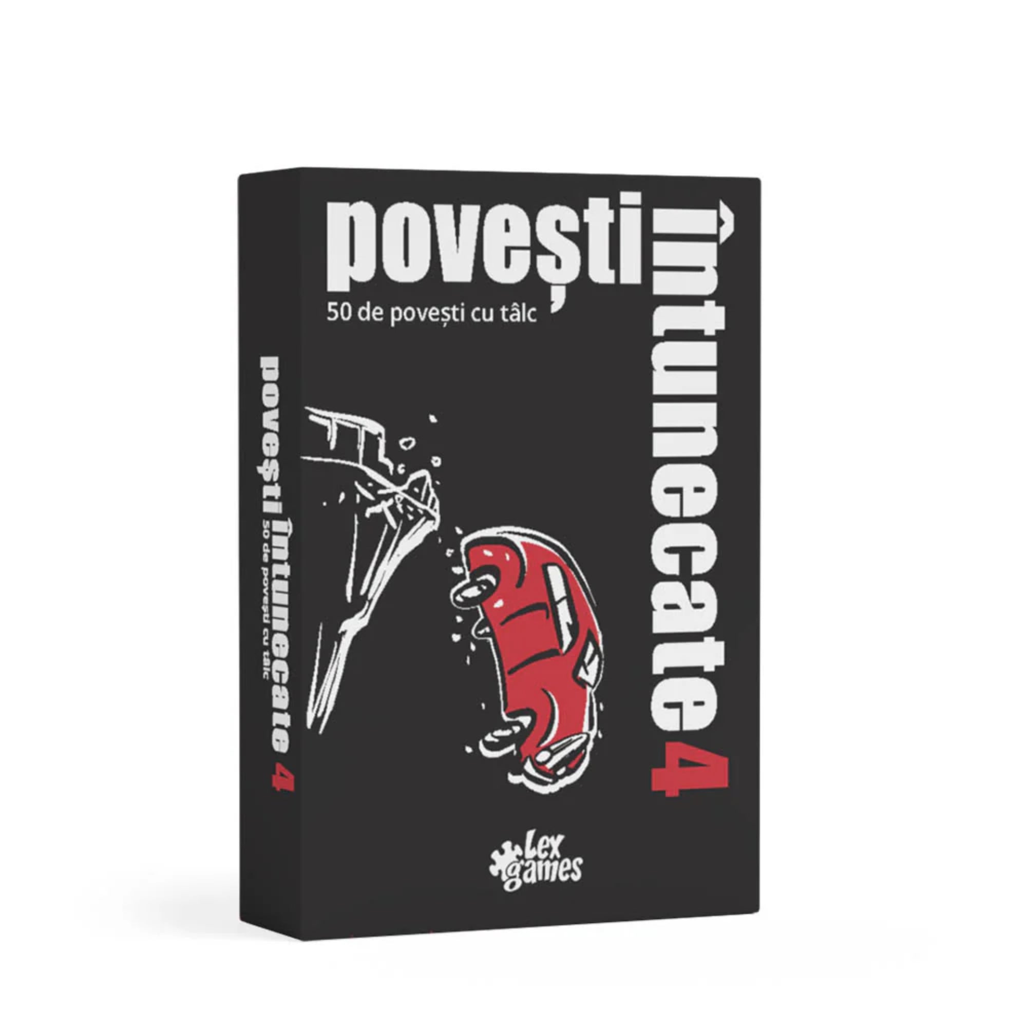 A Povești Întunecate 4 társasjáték doboza, fekete alapon fehér és piros illusztrációval, amely egy autó zuhanását ábrázolja. A játék 50 tanulságos, sötét történetet tartalmaz.