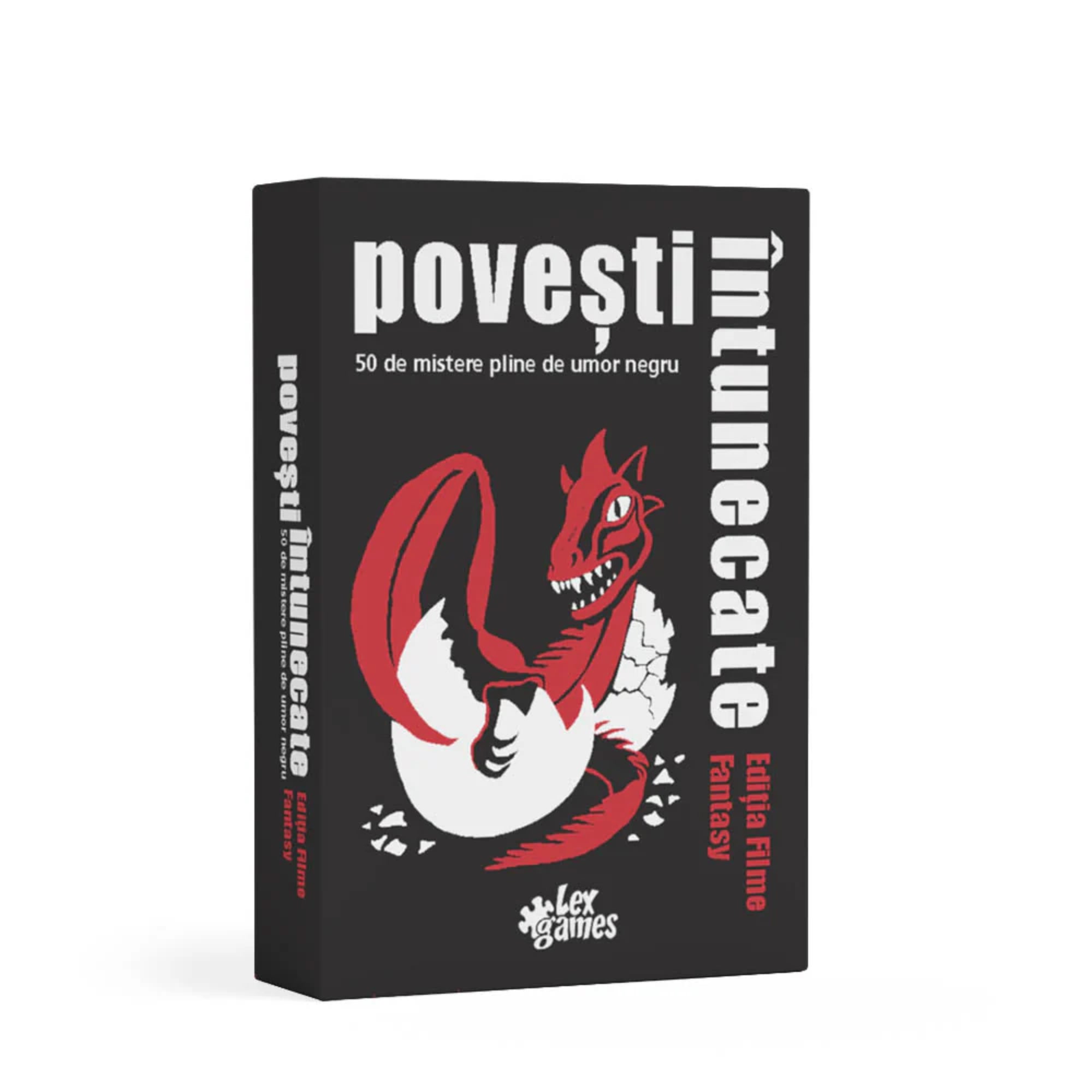 A Povești Întunecate – Ediția Filme Fantasy társasjáték doboza, fekete háttéren piros-fehér grafikával, amelyen egy gonosz kinézetű, tojásból kikelt sárkány látható. A játék 50 fekete humorral átszőtt, fantasy-filmek ihlette rejtéllyel szórakoztat.