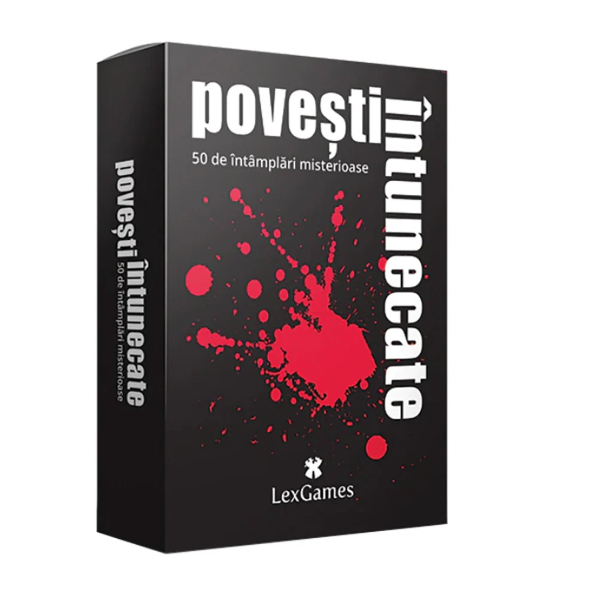 A Povești Întunecate társasjáték doboza, amelyen vérfröccsenéses mintázat látható – a játék 50 rejtélyes, sötét történetet tartalmaz.