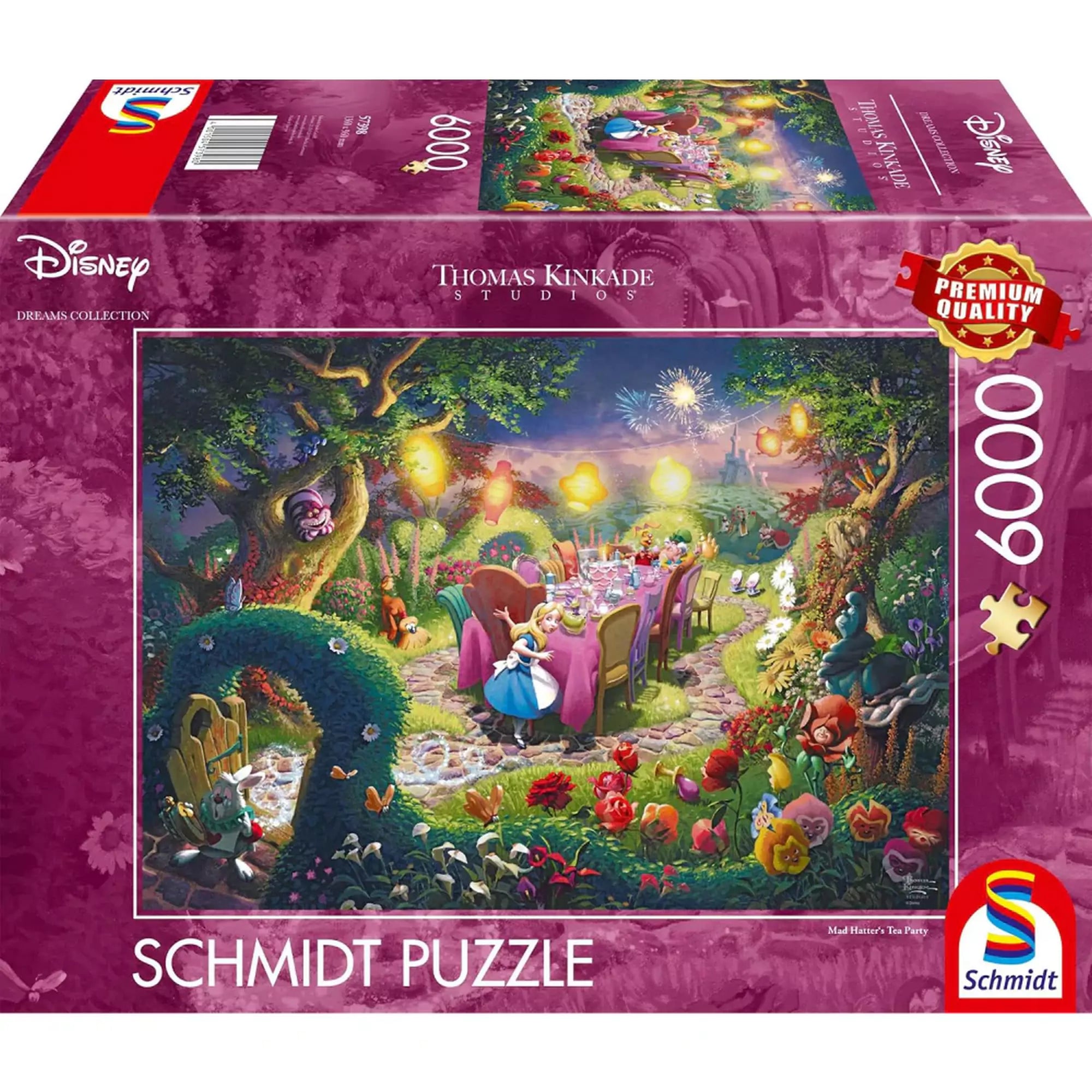 A képen a Schmidt Puzzle - Mad Hatter's Tea Party (6000 darabos) doboza látható, amely a Thomas Kinkade Studios varázslatos Disney kollekciójához tartozik. A dobozon Alice Csodaországban híres jelenete elevenedik meg a Bolond Kalapos teadélutánjával, színes és részletgazdag illusztrációval.
