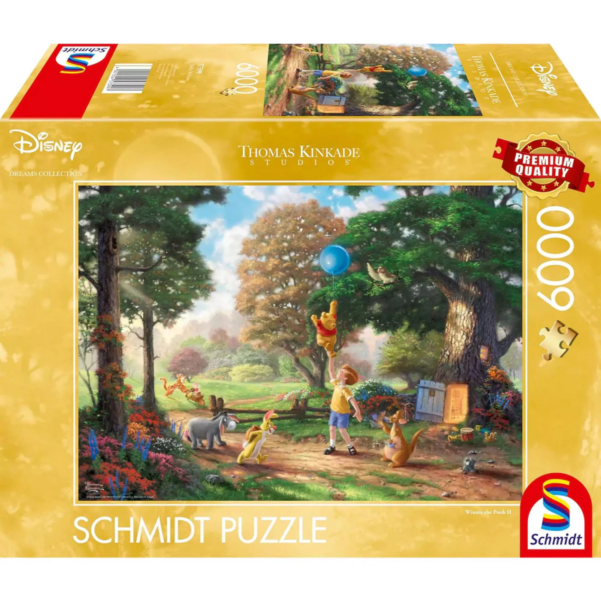 A képen a Schmidt Puzzle Disney – Winnie Pooh II 6000 darabos prémium puzzle doboza látható. A borítón Thomas Kinkade bájos illusztrációja szerepel, amelyen Micimackó, Malacka, Tigris, Füles és barátaik láthatók, amint együtt játszanak a napsütötte Százholdas pagonyban. Ez a részletgazdag, színes kép már önmagában elragadó, a puzzle kirakása pedig igazi örömet nyújt minden Disney-rajongónak.
