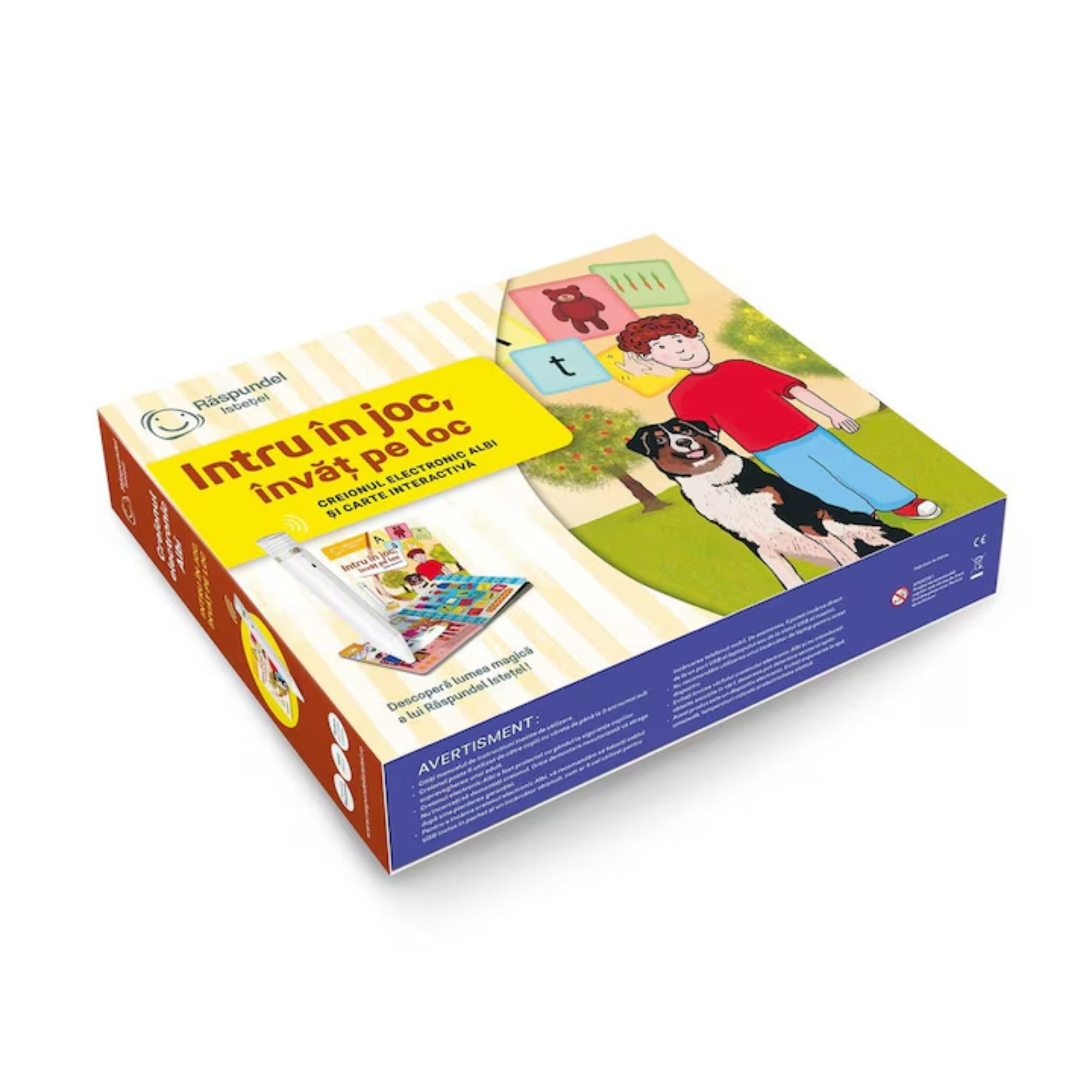 Răspundel Istetul – Intru în joc, învăț pe loc készlet – Fektetett nézetű dobozkép, amelyen látható a tanulójáték, a színes illusztrációk és a könyvben található oktatási elemek.