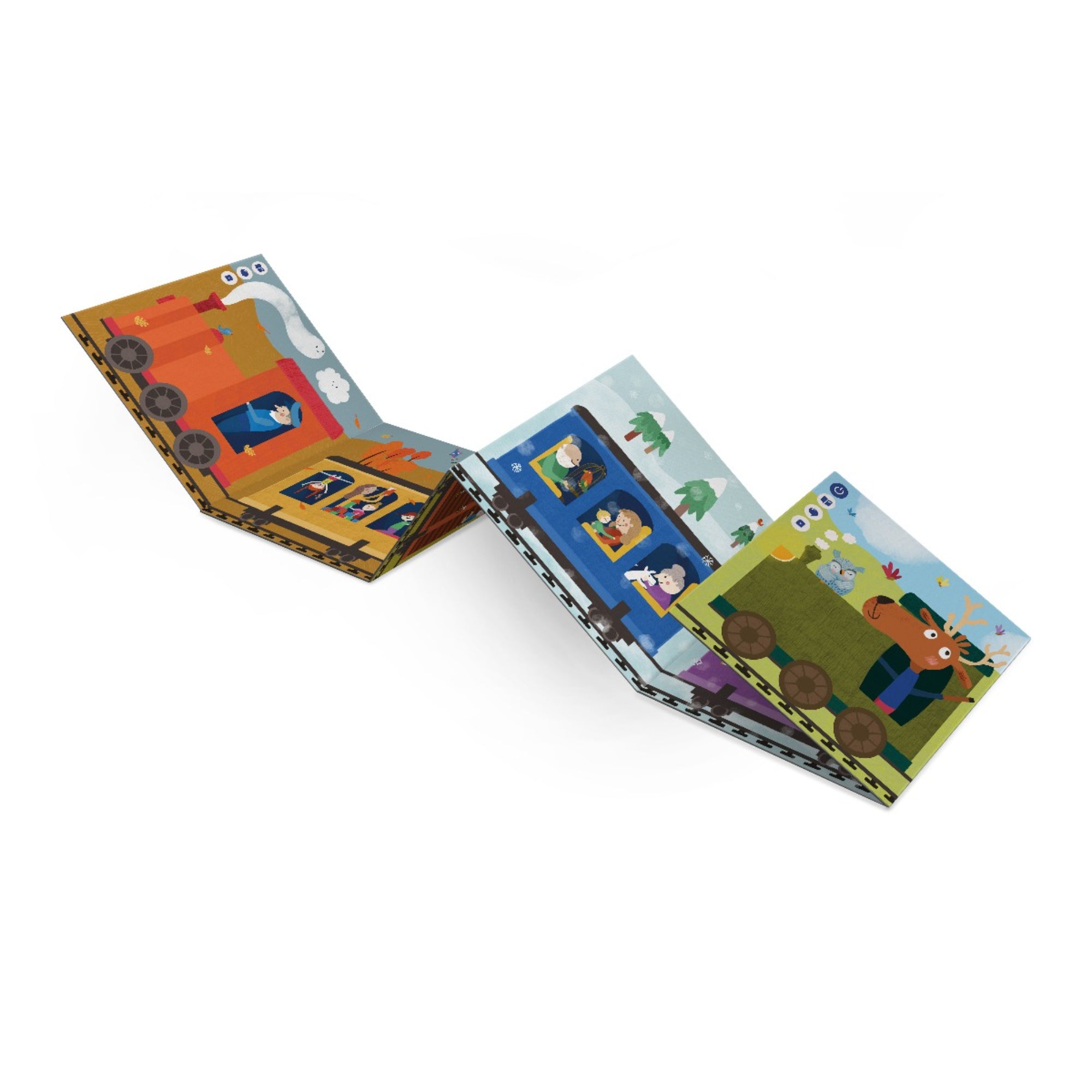 Gyerekeknek készült harmonikaszerű, illusztrált könyv, amely egy piros és kék vonatot mutat, utasokkal, állatokkal és vidám tájjal, játékos, színes stílusban.