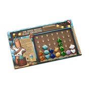 A képen a River Valley Glassworks társasjáték egyik pontozótáblája látható, amelyen különböző színű és formájú üveglapkák vannak elhelyezve. A bal oldalon egy vidám karakter és a játékszabályok rövid összefoglalója szerepel, míg a tábla tetején egy pontozási skála található. A játék vizuális stílusa barátságos és részletgazdag, a világítófüzérek és a természetes elemek pedig egy meghitt, kézműves hangulatot teremtenek.