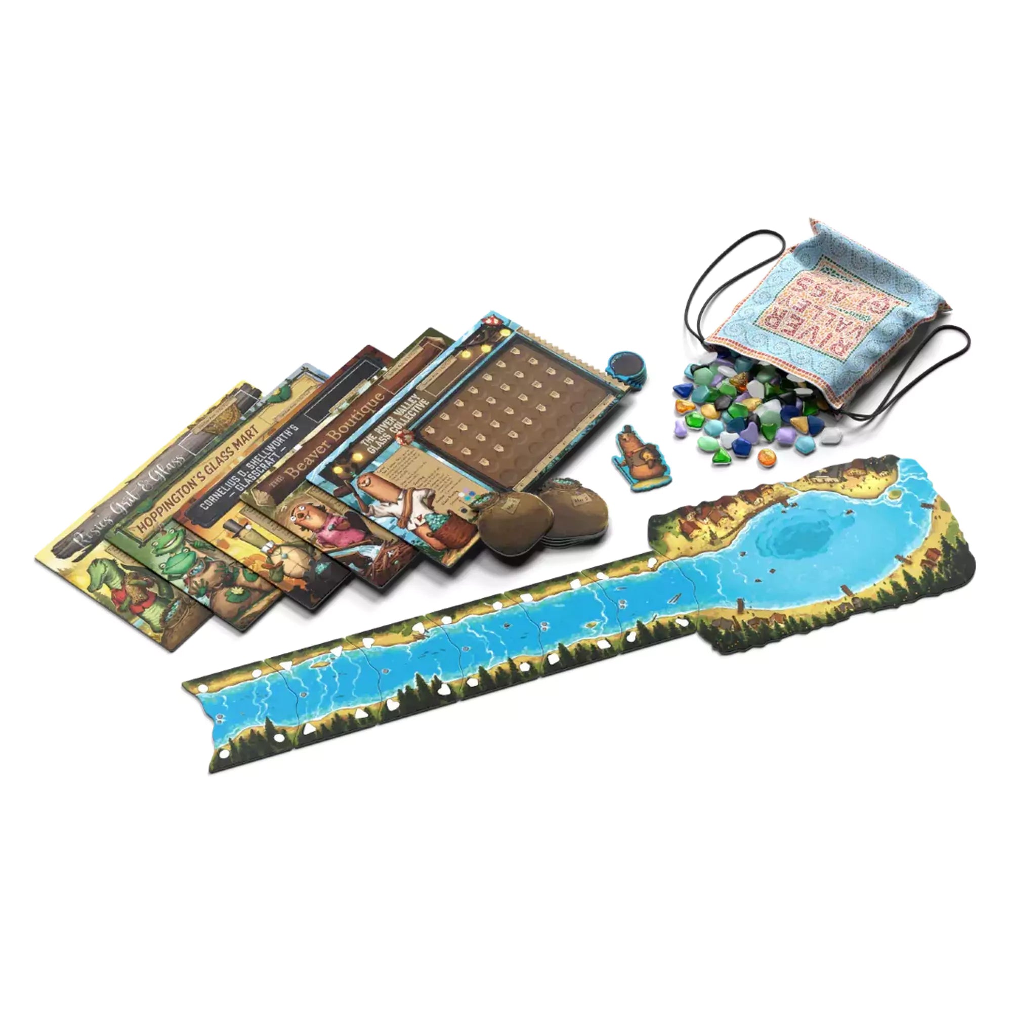 A képen a River Valley Glassworks társasjáték komponensei láthatók. A játék tartalmaz különböző kártyákat, egy folyót ábrázoló játéktáblát, színes üveglapkák húzózsákkal, valamint egy pontozótáblát. A játék vizuális stílusa mesés és részletgazdag, a természetközeli hangulatot erdei állatokkal és festői tájakkal eleveníti meg.