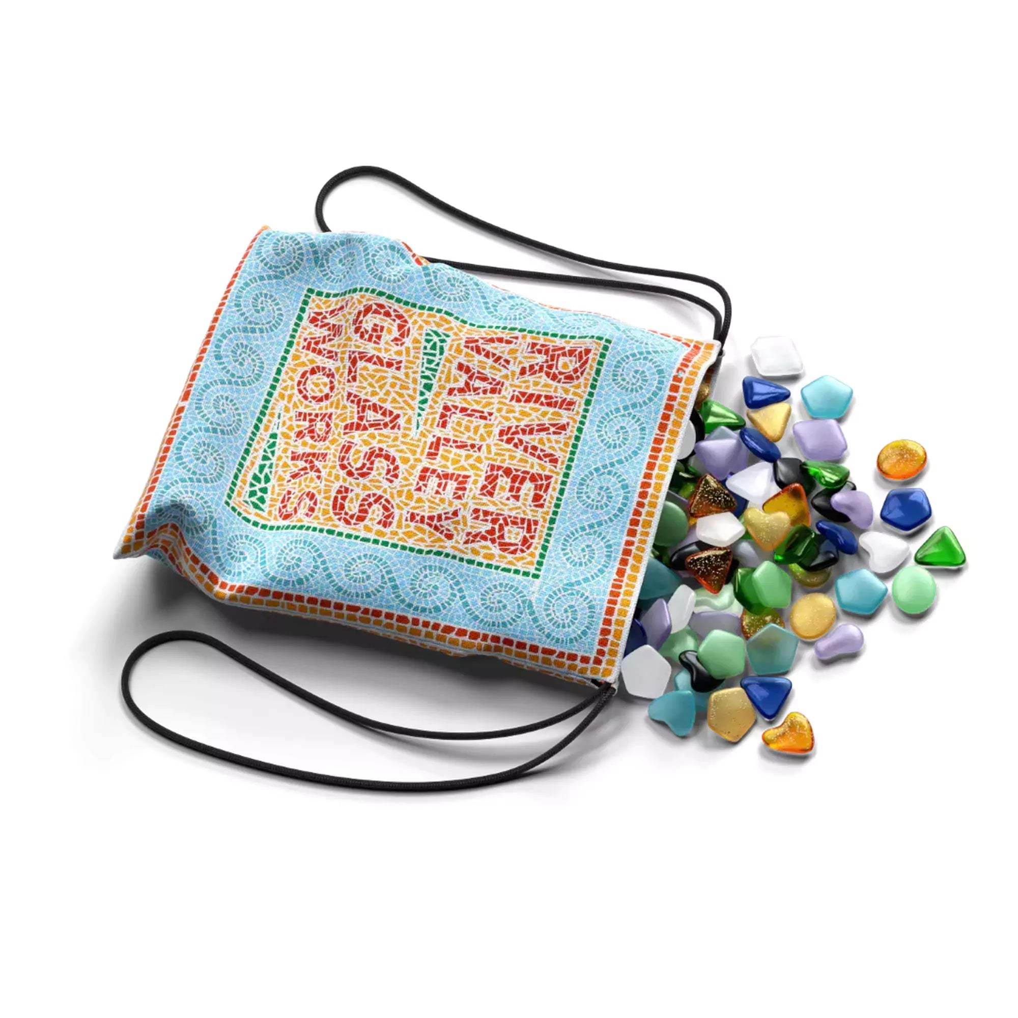 A képen a River Valley Glassworks társasjáték egyik fontos eleme, egy díszes húzózsák látható, amelyből különböző színű és formájú üveglapkák ömlenek ki. A zsák mozaikszerű mintázata illeszkedik a játék kézműves és esztétikus hangulatához. Az üveglapkák gyűjtése és felhasználása a játék egyik központi mechanikája, amely stratégiai döntéseket igényel a játékosoktól.