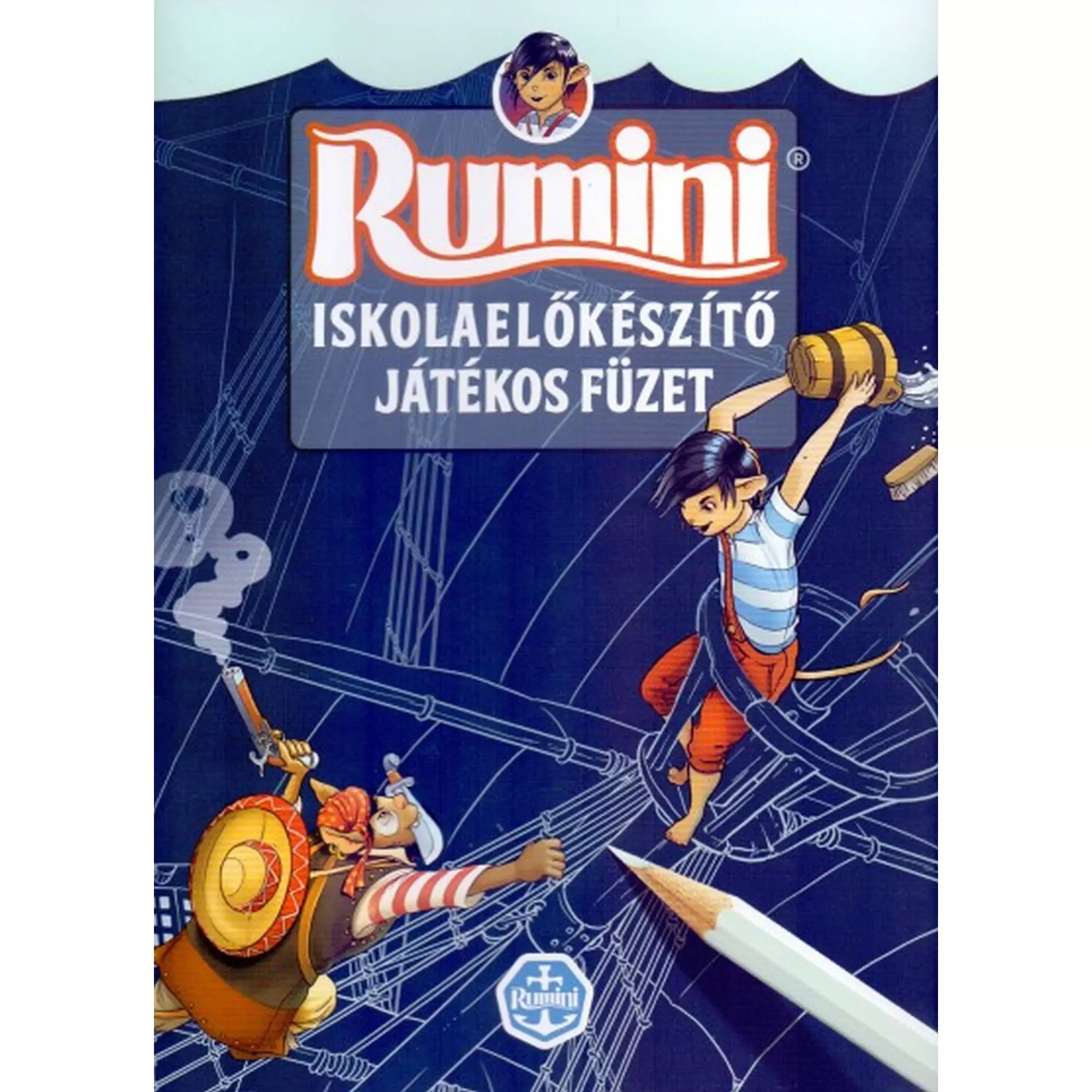 Ez a kép a Rumini Iskolaelőkészítő Játékos Füzet borítóját ábrázolja. A borítón Rumini egy izgalmas jelenetben látható, ahol egy hordót dob egy kalóz felé, miközben egy hajó kötelein egyensúlyoz. A tengerészvilágot idéző illusztráció kalandra hívja a gyerekeket, miközben játékos feladatokkal készülhetnek az iskolára.
