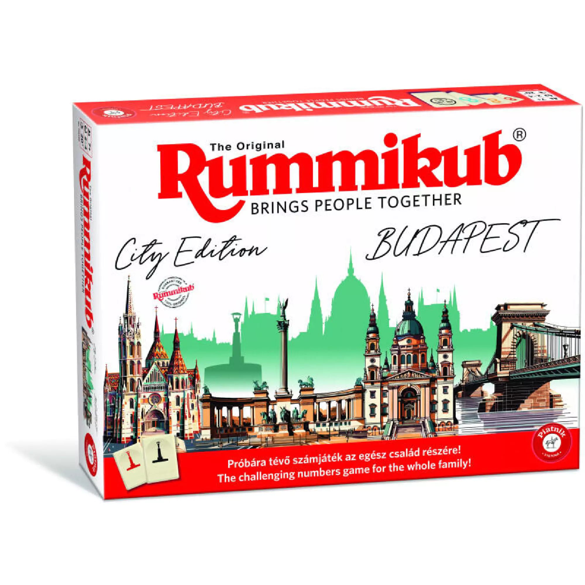 Rummikub City Edition Budapest társasjáték doboza, amely ikonikus budapesti nevezetességekkel díszített – egy klasszikus számjáték új, városihangulatú kiadásban.