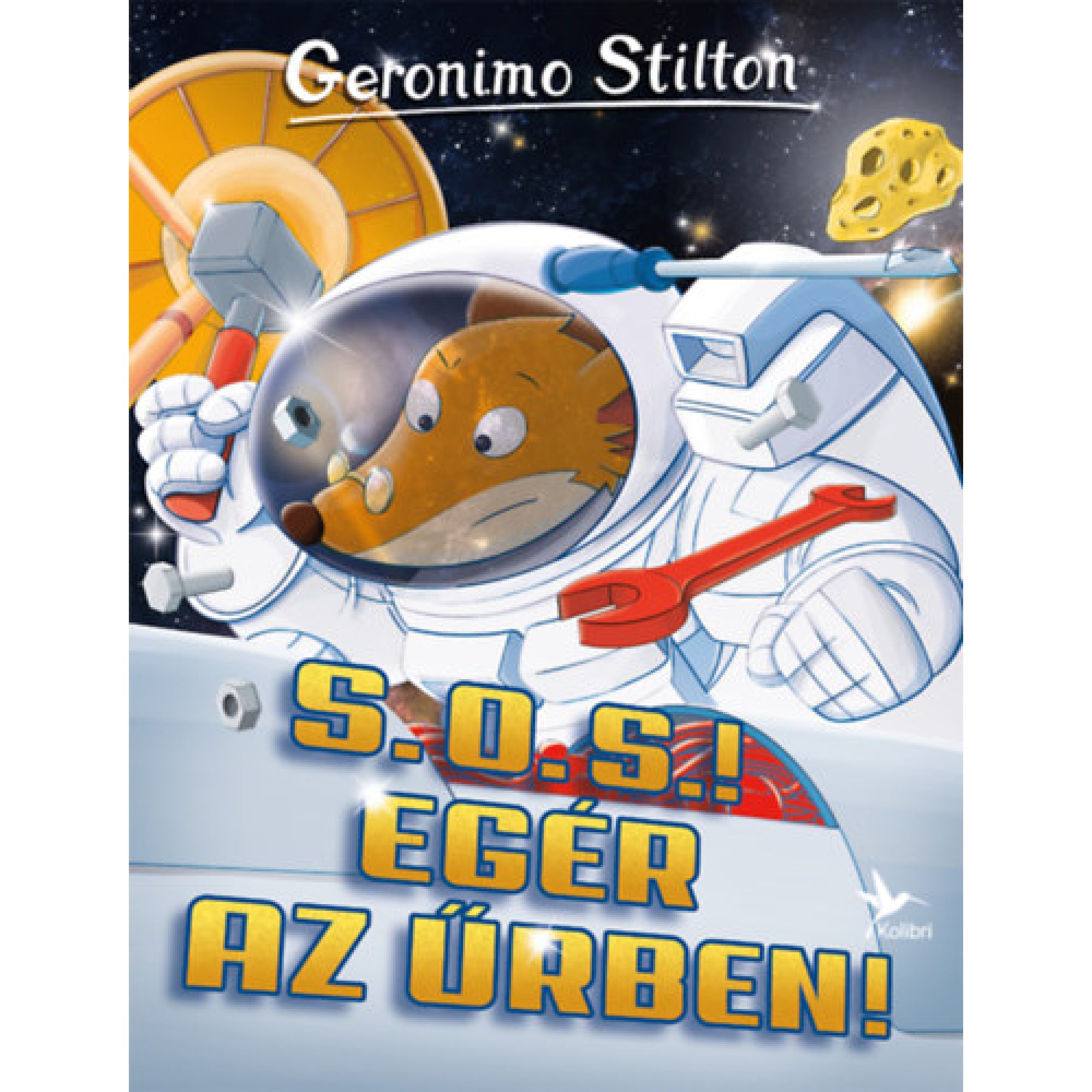 Geronimo Stilton – S.O.S.! Egér az űrben! című könyv borítója, amelyen a főhős űrruhában sodródik az űrben, háttérben egy sajtdarab és műhold.