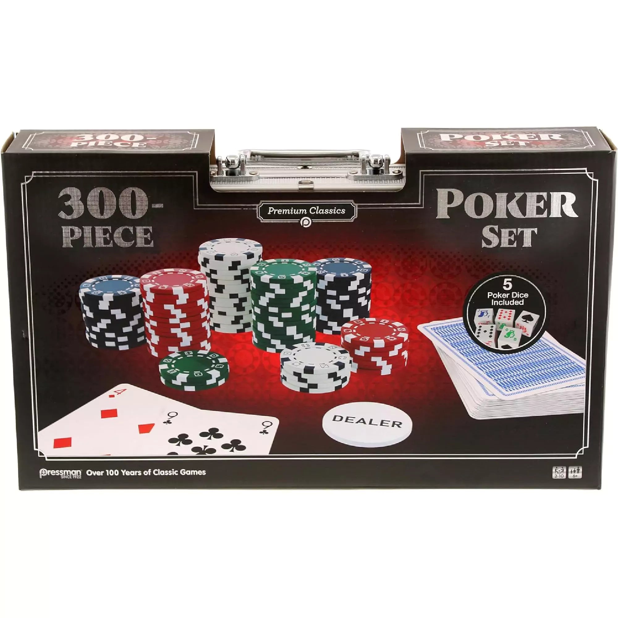Poker Set – 300 darabos klasszikus készlet doboza piros-fekete dizájnnal, rajta zsetonok, kártyák, „DEALER” korong, valamint a csomag tartalma kiemelve.