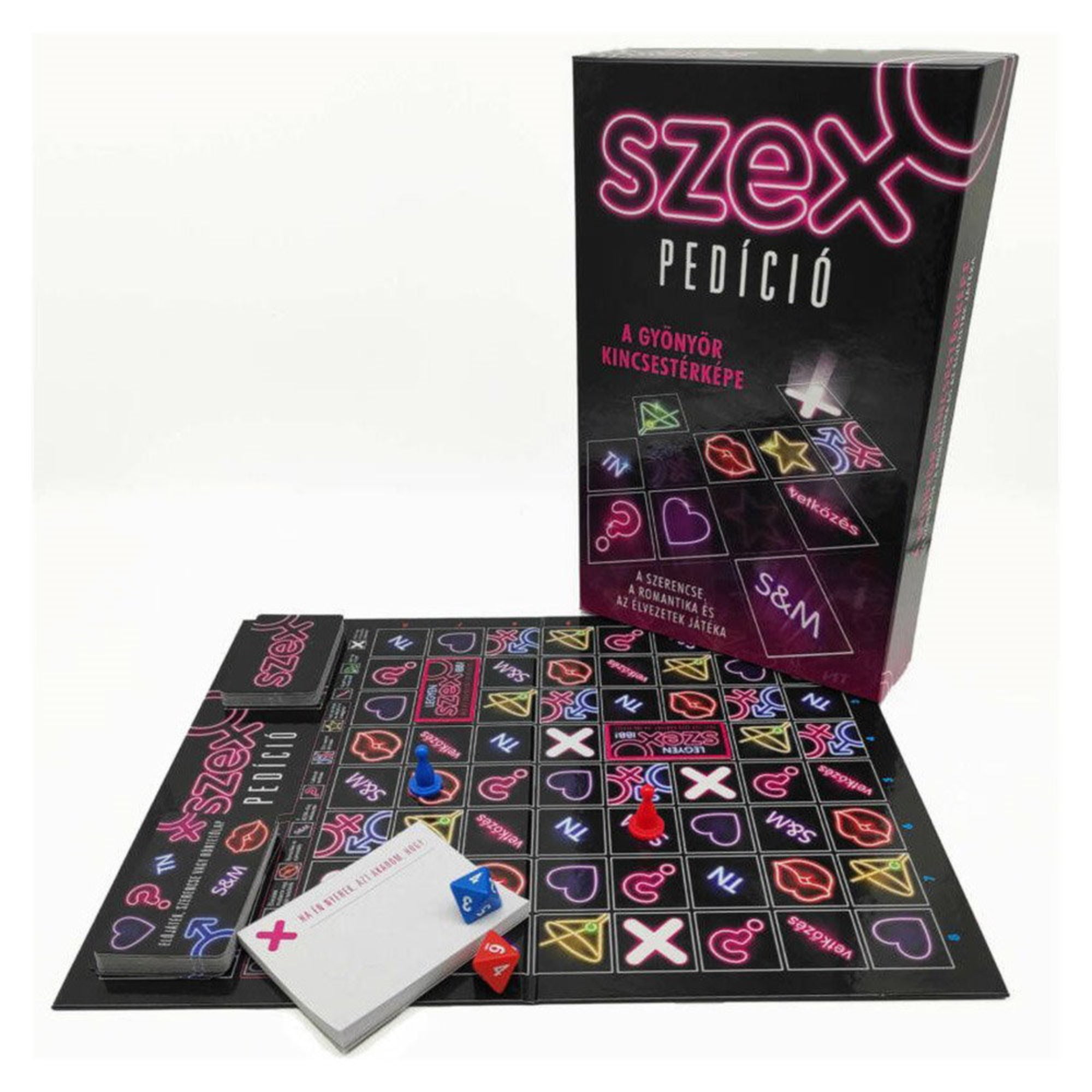 Szexpedíció társasjáték dobozzal – A játéktábla, kártyák, dobókockák és a Szexpedíció társasjáték doboza együtt látható.
