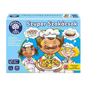 A Szuper Szakácsok társasjáték doboza vidám illusztrációkkal, a játék célja az ételek elkészítése hozzávalók és konyhai eszközök összegyűjtésével.