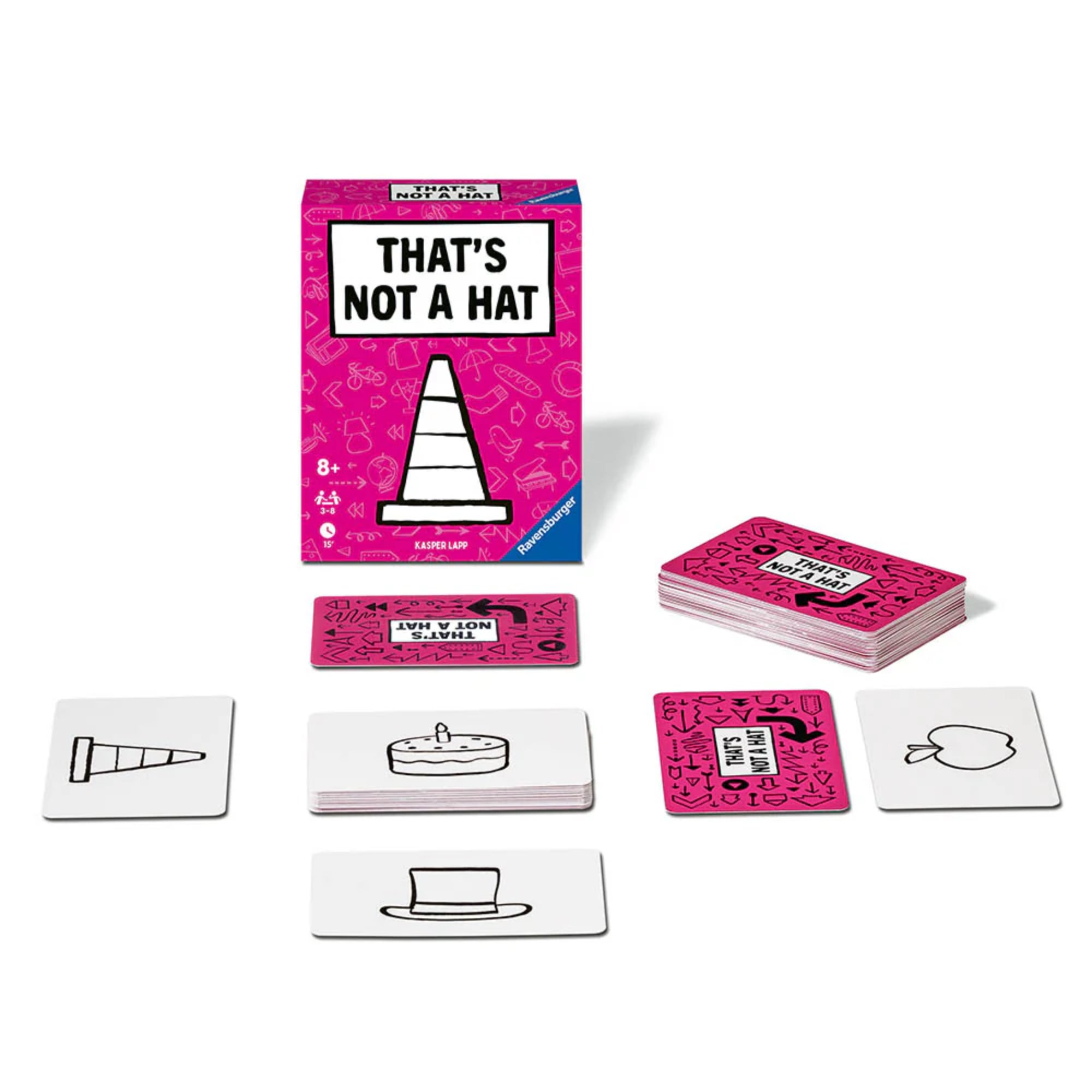 A képen a That’s Not a Hat partijáték tartalma látható, szépen elrendezve a doboz mellett. A doboz élénk rózsaszín dizájnja és az ikonikus bója grafikája azonnal magára vonja a figyelmet. Mellette egy nagy pakli kártya látszik, valamint néhány lefordított és felfordított lap is – rajtuk egyszerű, fekete-fehér grafikák, mint például egy torta, egy alma, egy cilinder vagy épp a jellegzetes bója. A kártyák hátoldala ugyanolyan rózsaszín, mint a doboz, rajtuk játéklogóval és irányjelző nyíllal. Ez a modern memó
