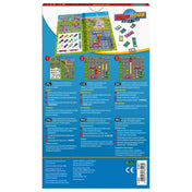 Thinkfun Rush Hour World Tour játék doboz hátoldala, többnyelvű játékleírással, feladványfüzet és mágneses autók illusztrációival.