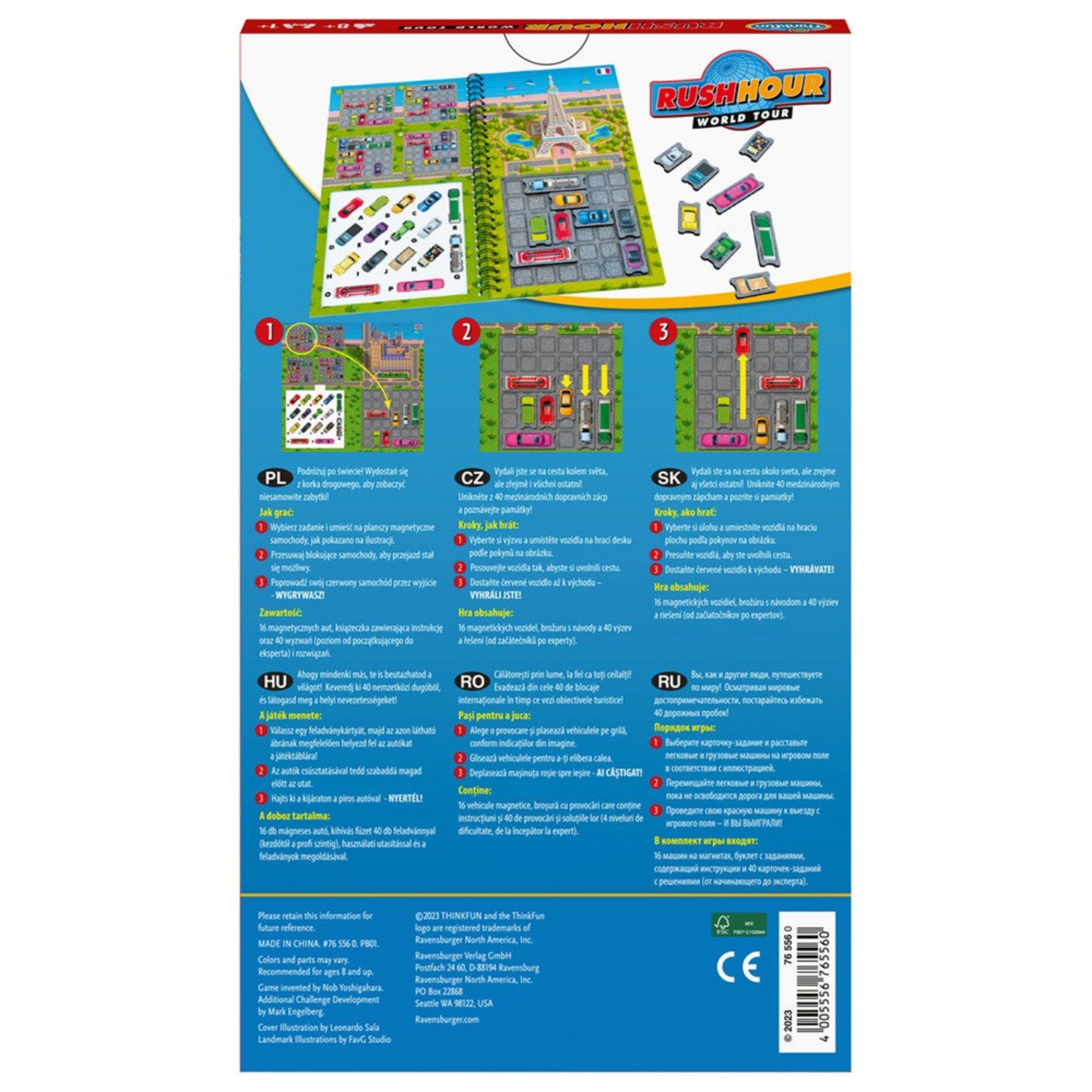 Thinkfun Rush Hour World Tour játék doboz hátoldala, többnyelvű játékleírással, feladványfüzet és mágneses autók illusztrációival.
