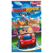 Thinkfun Rush Hour World Tour mágneses logikai játék doboz eleje, piros autóval és világvárosok ikonikus épületeivel illusztrálva.