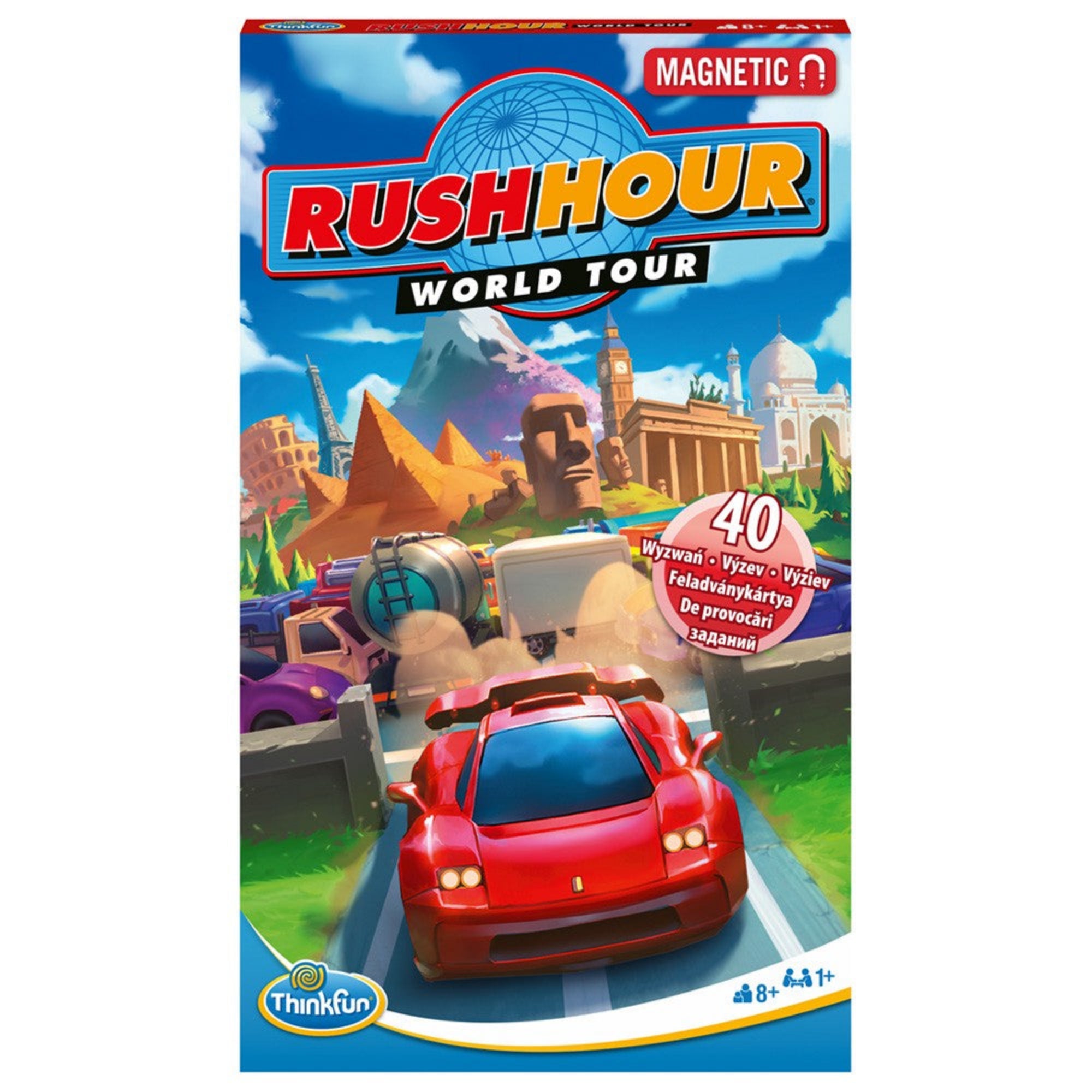 Thinkfun Rush Hour World Tour mágneses logikai játék doboz eleje, piros autóval és világvárosok ikonikus épületeivel illusztrálva.