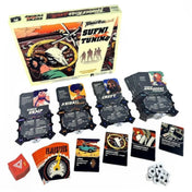 A Thunder Road: Vendetta – Sufni tuning kiegészítő teljes tartalma: karakterlapok, fejlesztéskártyák, jelzők és a doboz a háttérben