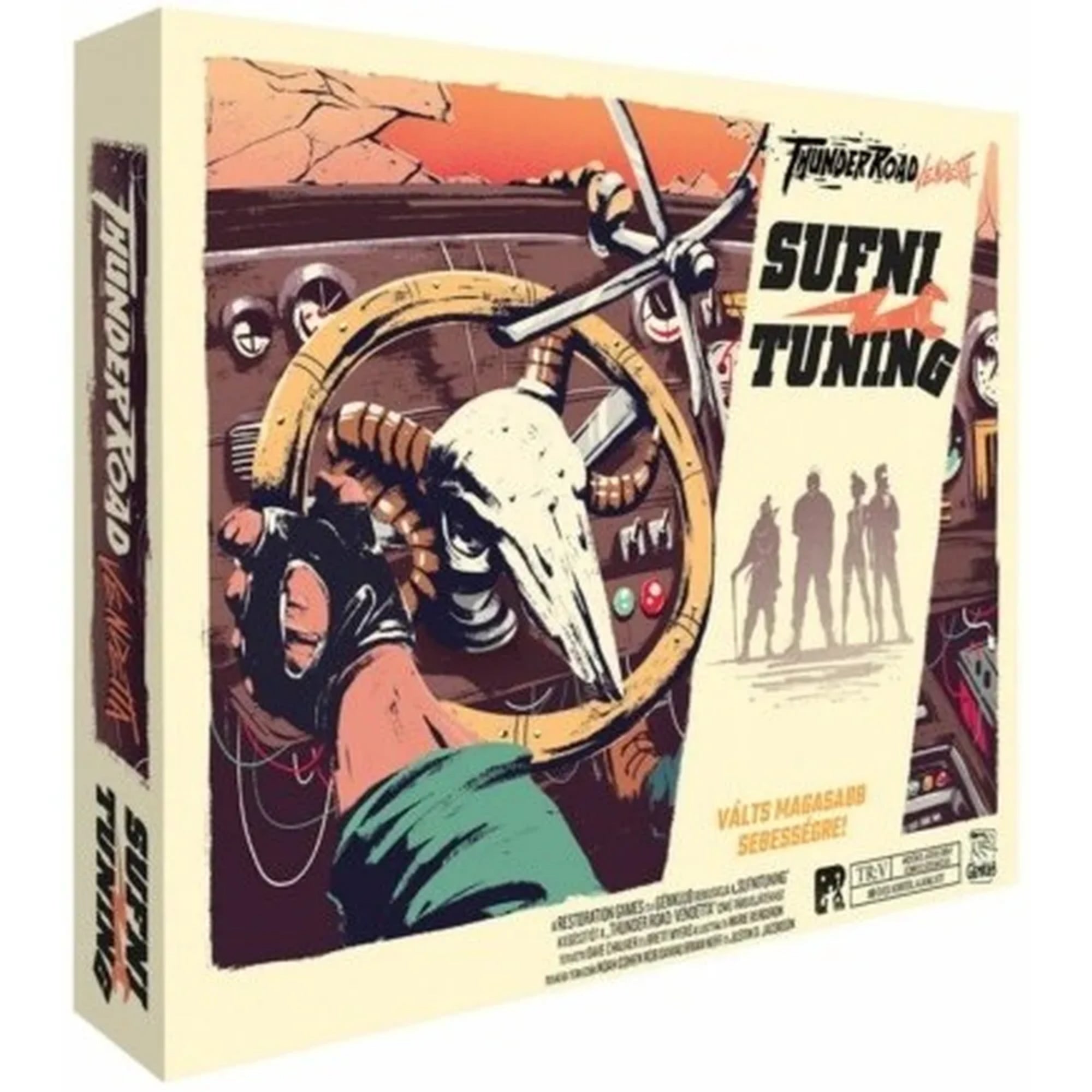 A Thunder Road: Vendetta – Sufni tuning kiegészítő doboza, amelyen koponyadísszel ellátott kormány és posztapokaliptikus autóverseny hangulat látható.