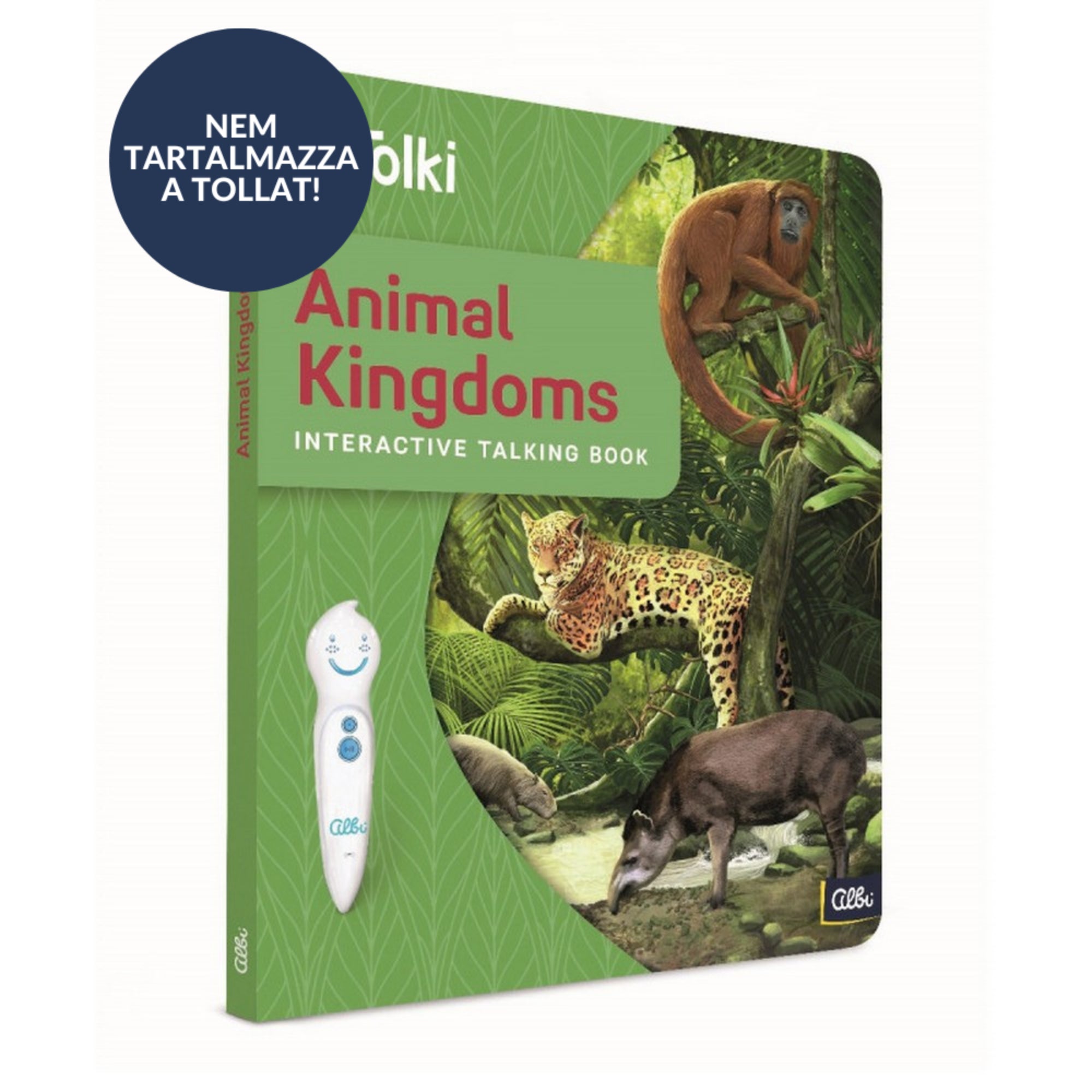Tolki Animal Kingdoms interaktív angol nyelvű könyv borítója, dzsungel állataival – jaguár, majom és tapír illusztrációval, a könyv mellett a Tolki toll helye látható (nem tartalmazza a tollat).