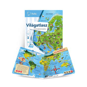 A Tolki Világatlasz interaktív foglalkoztató könyv nyitott állapotban, világatlasz térképekkel és az Albi elektronikus tollal.