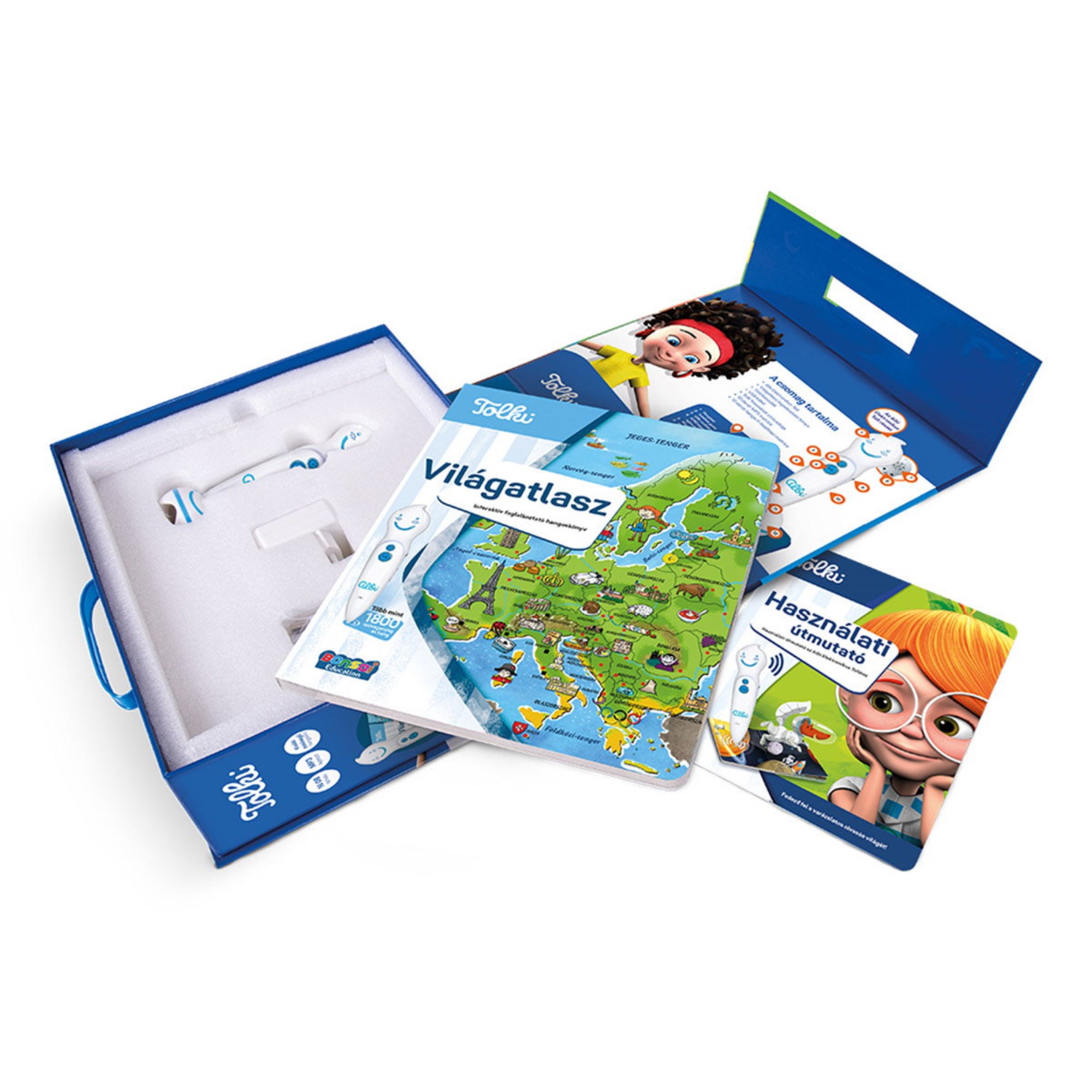 A Tolki Világatlasz szett kinyitva, benne az elektronikus toll, a világatlasz könyv és a használati útmutató látható.
