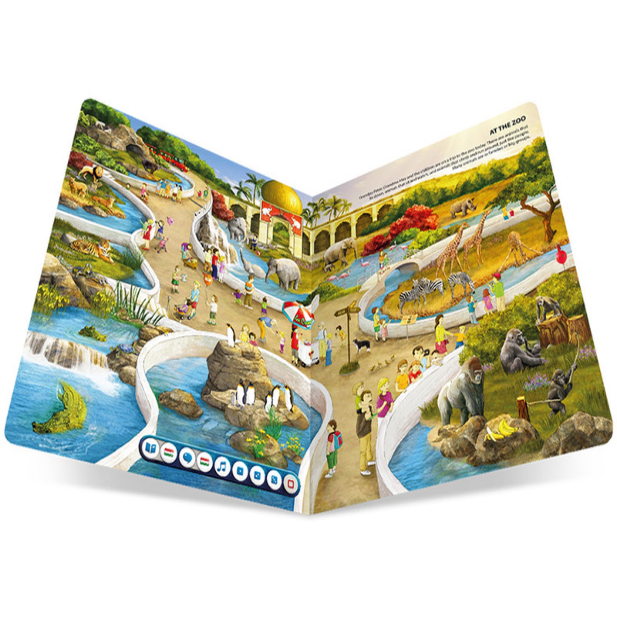 A „Tolki – Játékosan angolul” interaktív könyv kinyitva, egy állatkerti jelenetet ábrázol, ahol gyerekek különféle állatokat figyelnek meg, köztük elefántokat, pingvineket, gorillákat és krokodilt. A képen ikonok is láthatók, amelyek a könyv hangvezérelt funkcióit jelzik.