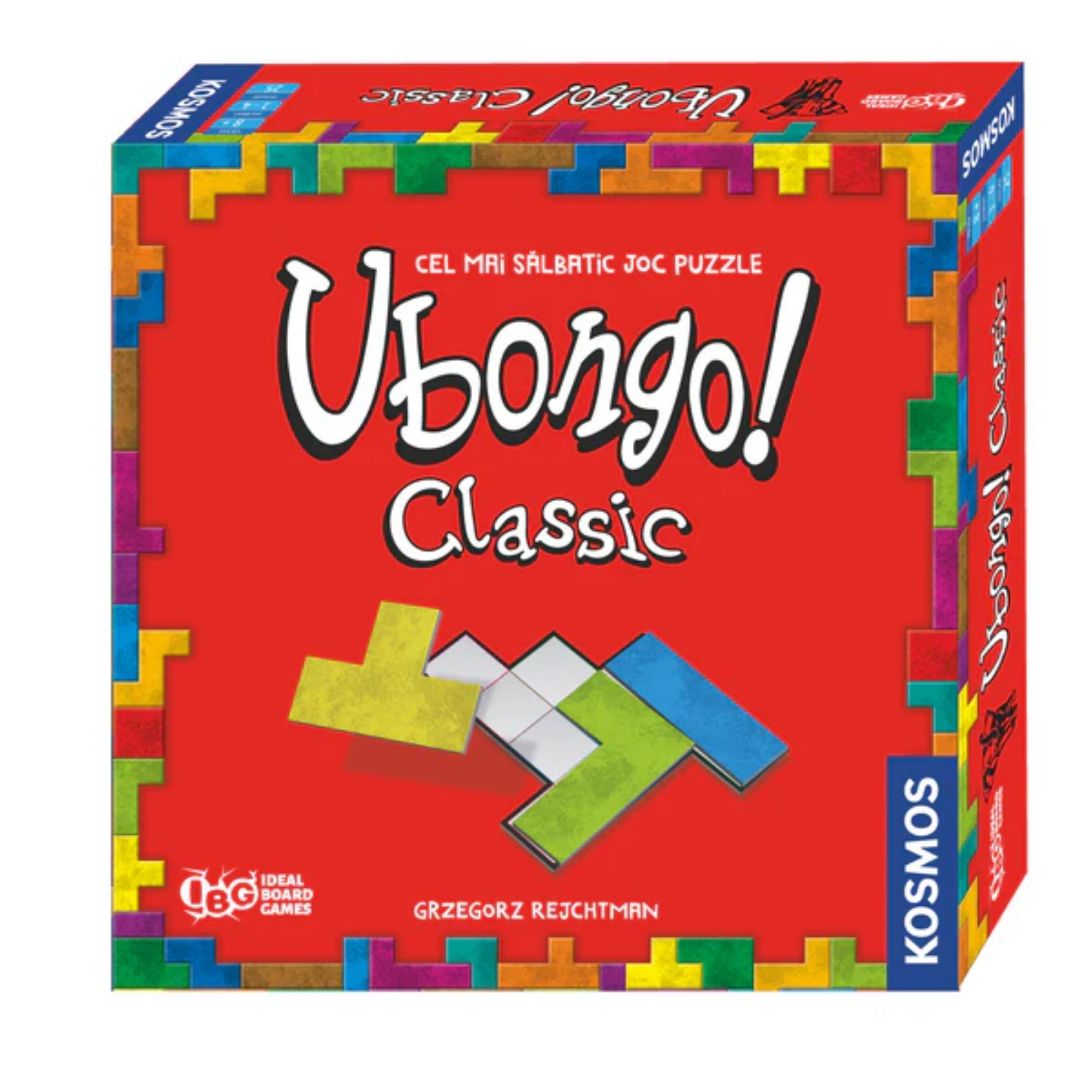 Ubongo Classic társasjáték román nyelvű doboza, élénkpiros háttérrel, színes puzzle-elemekkel díszítve, rajta a felirat: 'Ubongo! Classic – A legvadabb kirakós játék'.