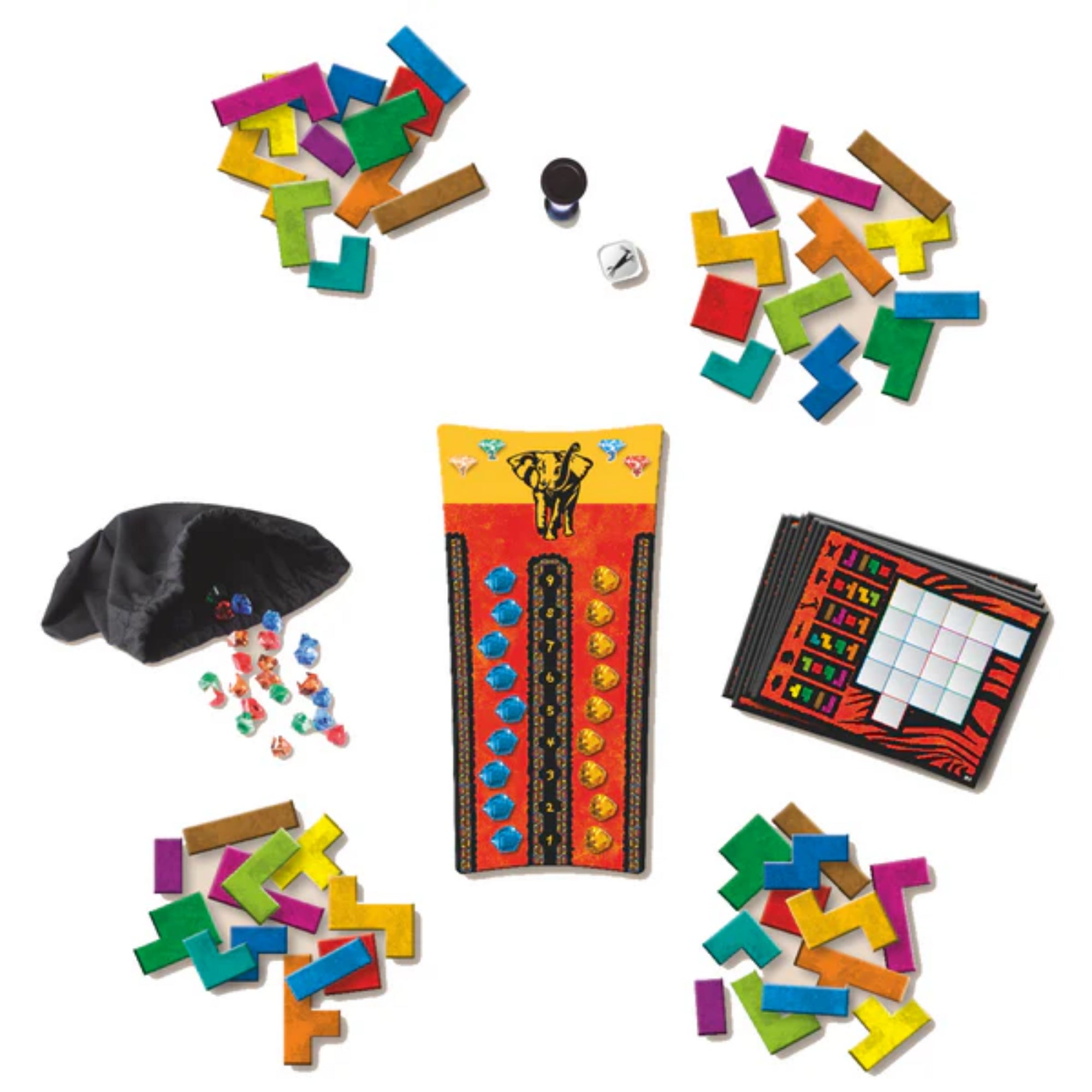 Ubongo Classic társasjáték alkatrészei, színes puzzle-elemekkel, drágakövekkel, fekete húzózsákkal, feladatkártyákkal és játéktáblával