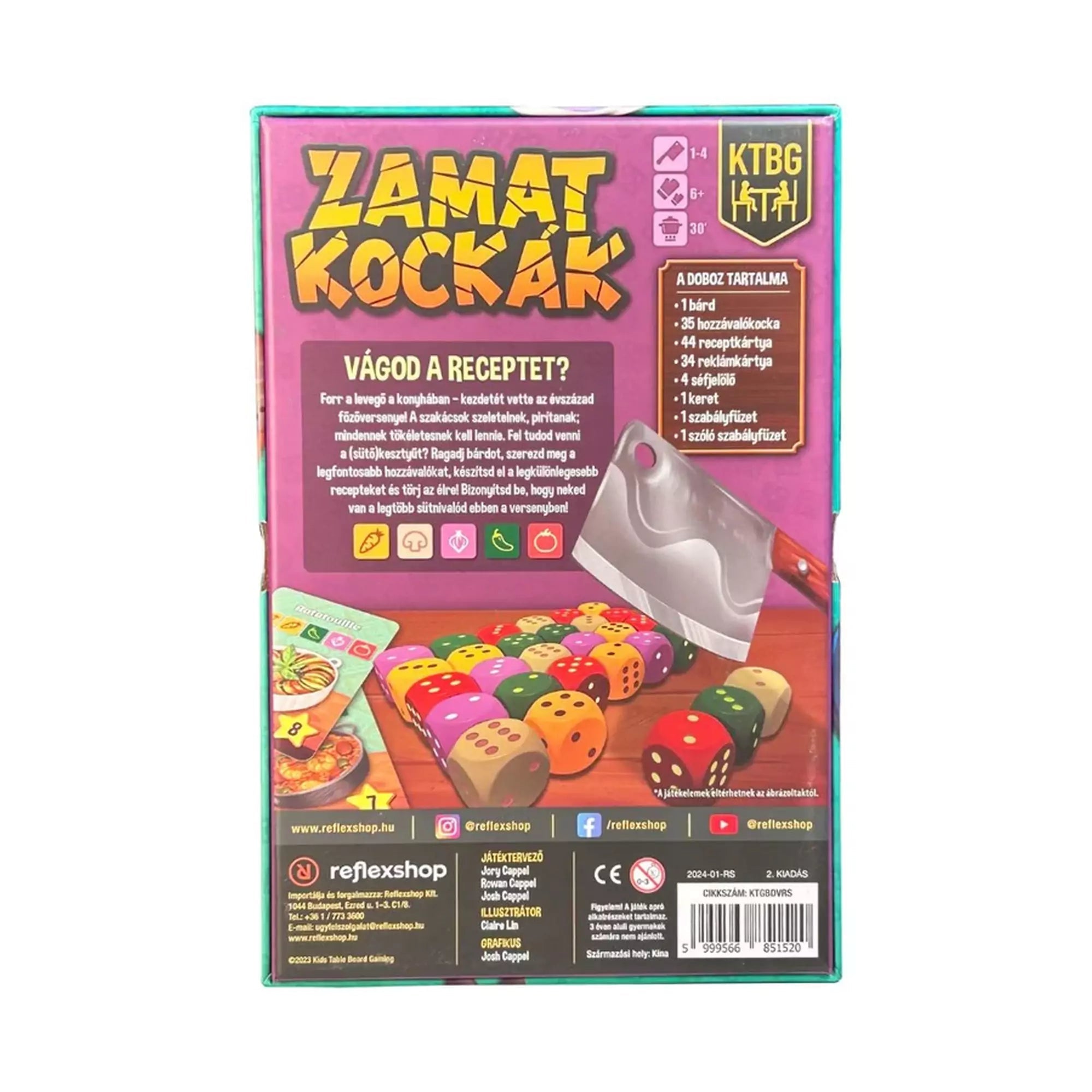 A képen a Zamatkockák társasjáték dobozának hátoldala látható, amely részletesen bemutatja a játék koncepcióját és tartalmát. A képen a dobokockák az alapanyagokat ábrázolva jelennek meg, míg a dobozon a sárga es lila dominál nagy mértékben.