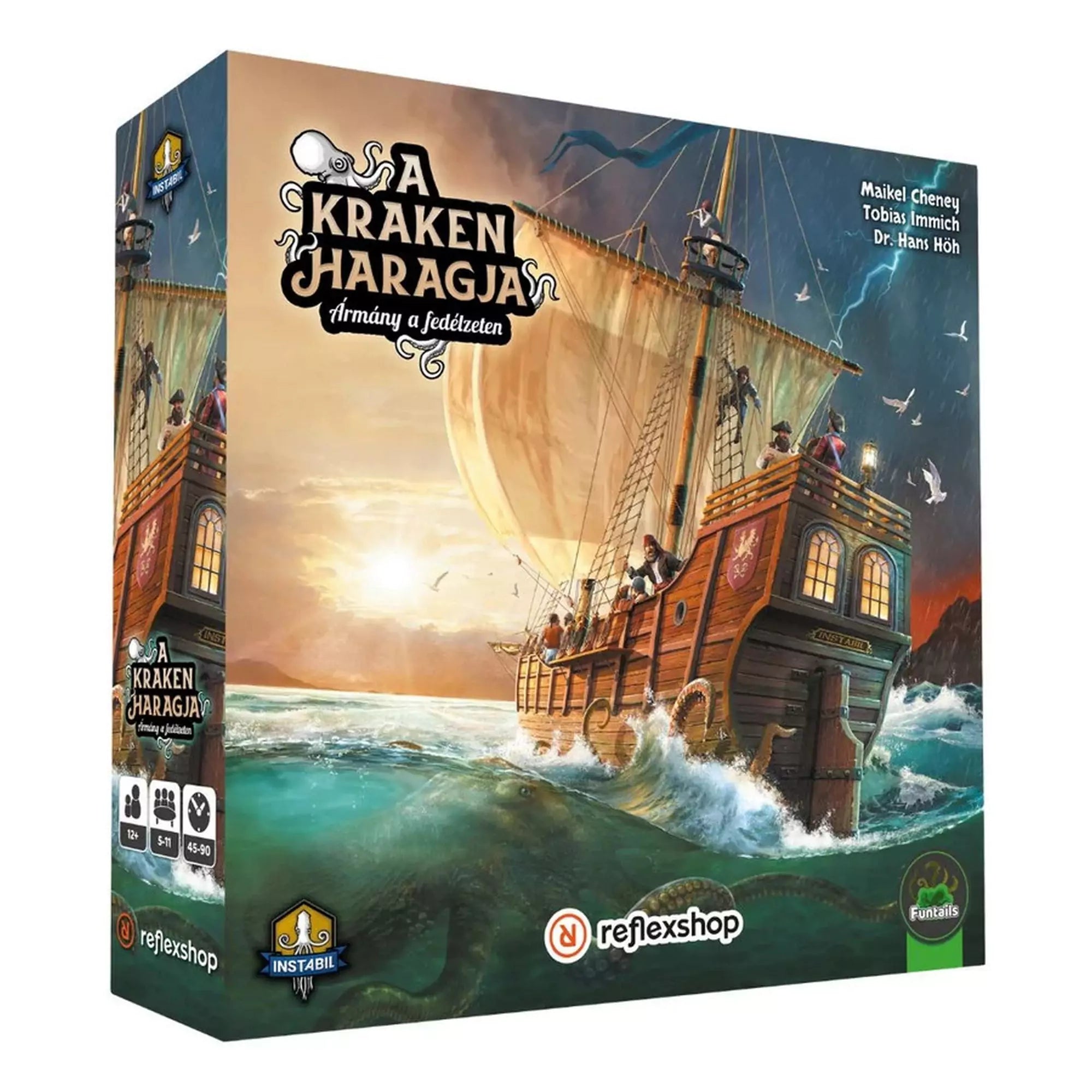 A Kraken haragja társasjáték dobozának eleje, látványos tengeri csatajelenettel, egy kalózhajóval és a mélyből támadó Kraken tentákulumával.