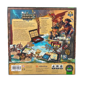 A Kraken haragja társasjáték dobozának hátoldala, részletes leírással, tartalomjegyzékkel és illusztrációkkal, kalóz karakterekkel és a játéktér elemeivel.